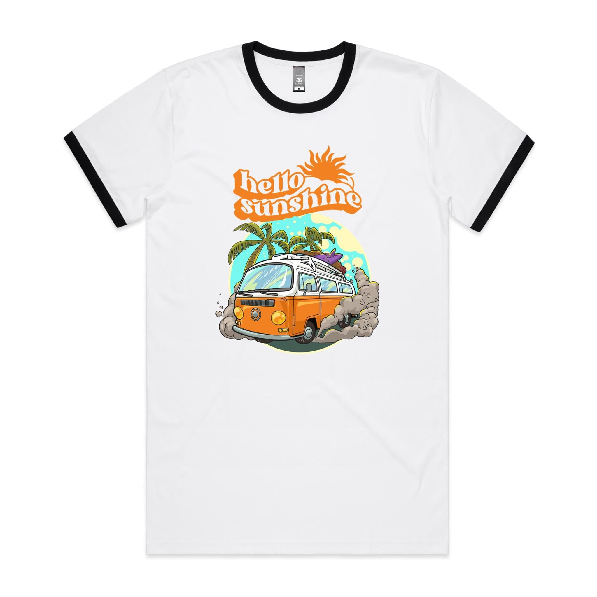 Hello Sunshine, Beach Van - Staple Ringer Tee White Black Ringer T-Shirt Printed In Australia Summer Surf