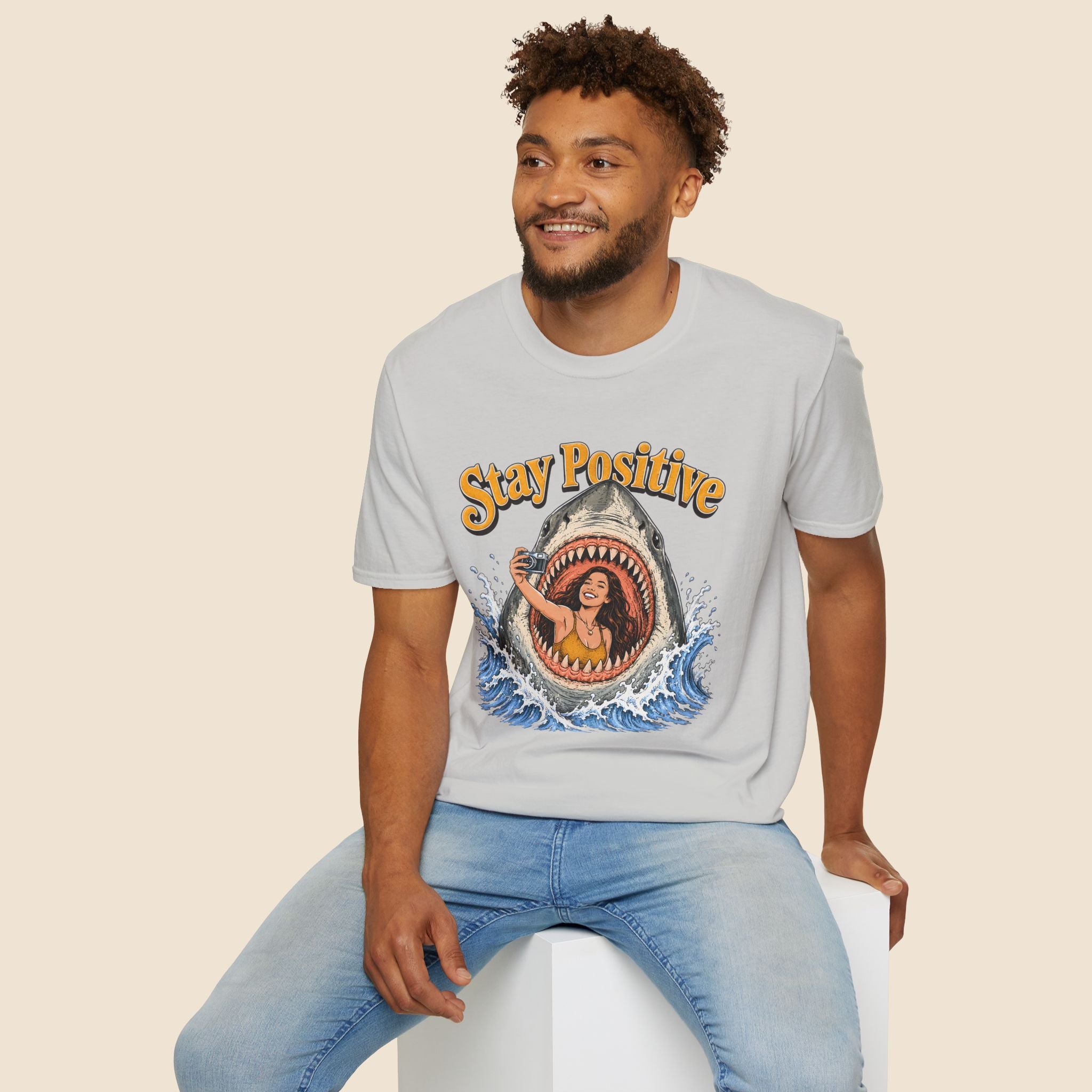 Stay Positive Shark Selfie Unisex T-Shirt Ice Grey Unisex Adult T-shirt Globally Fulfilled Ocean Retro