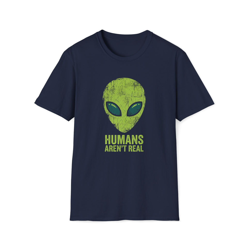Green Alien Head Humans Aren't Real Unisex T-Shirt Navy Unisex Adult T-shirt Globally Fulfilled Sci Fi