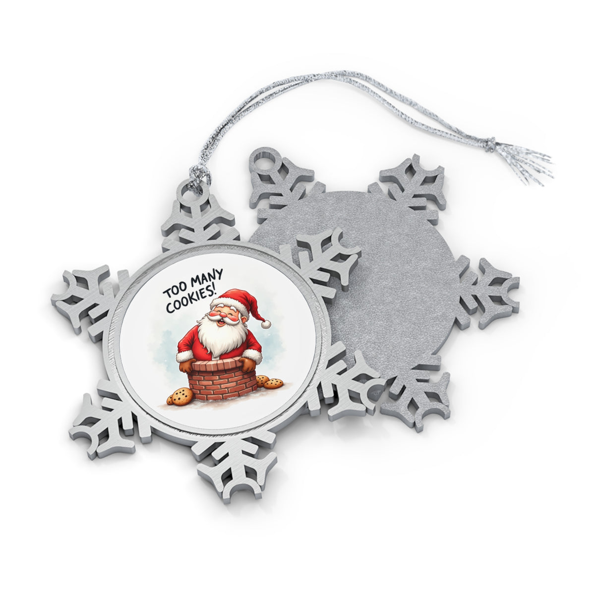 Santa Too Many Cookies Pewter Snowflake Christmas Ornament
