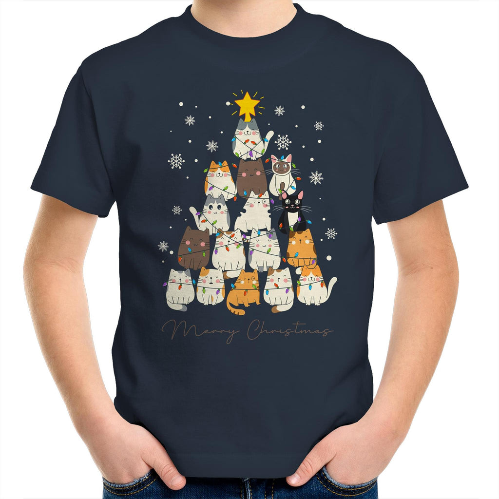 Cats Merry Christmas - Kids Youth T-Shirt Navy Kids Christmas T-shirt Christmas Printed In Australia