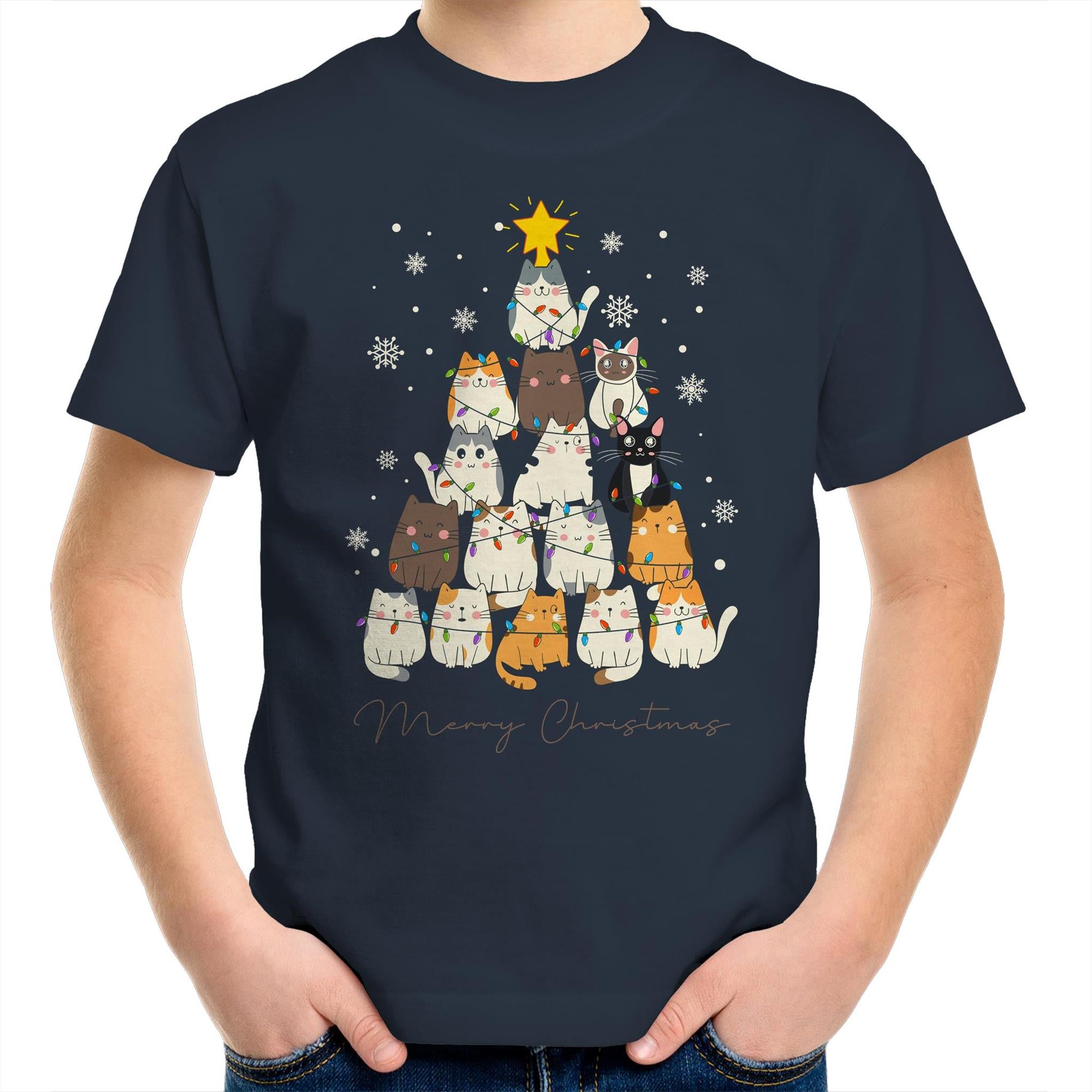 Cats Merry Christmas - Kids Youth T-Shirt Navy Kids Christmas T-shirt Christmas Printed In Australia