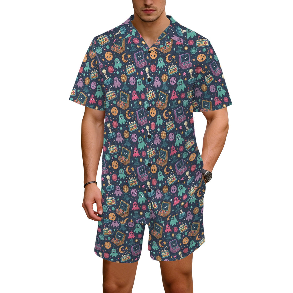 Space Arcade Men's Hawaiian Shirt & Shorts Set Men's Hawaiian Shirt & Shorts Set Games Printed Offshore Retro