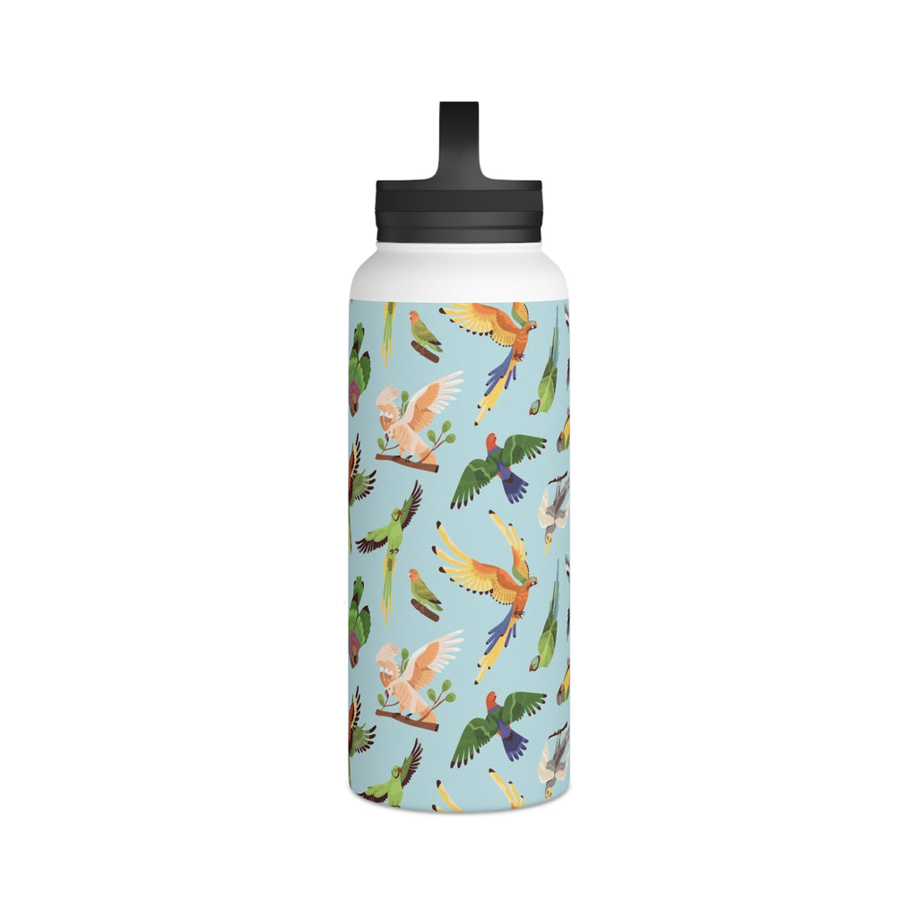 Parrots, Beautiful Colourful Birds Stainless Steel Water Bottle, Handle Lid Stainless Steel Water Bottle With Handle Lid Birds Globally Fulfilled
