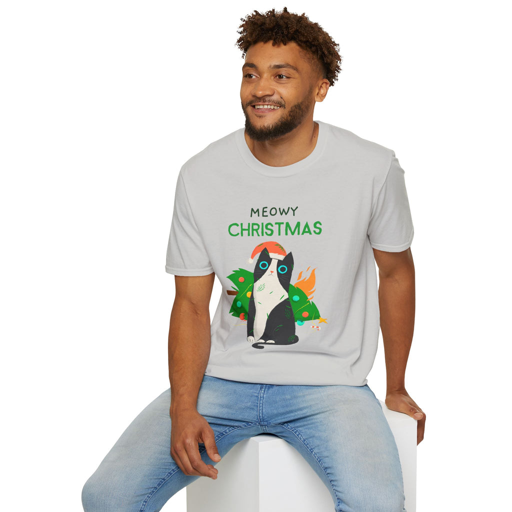 Meowy Christmas, Cat With Burning Christmas Tree - Unisex Softstyle T-Shirt