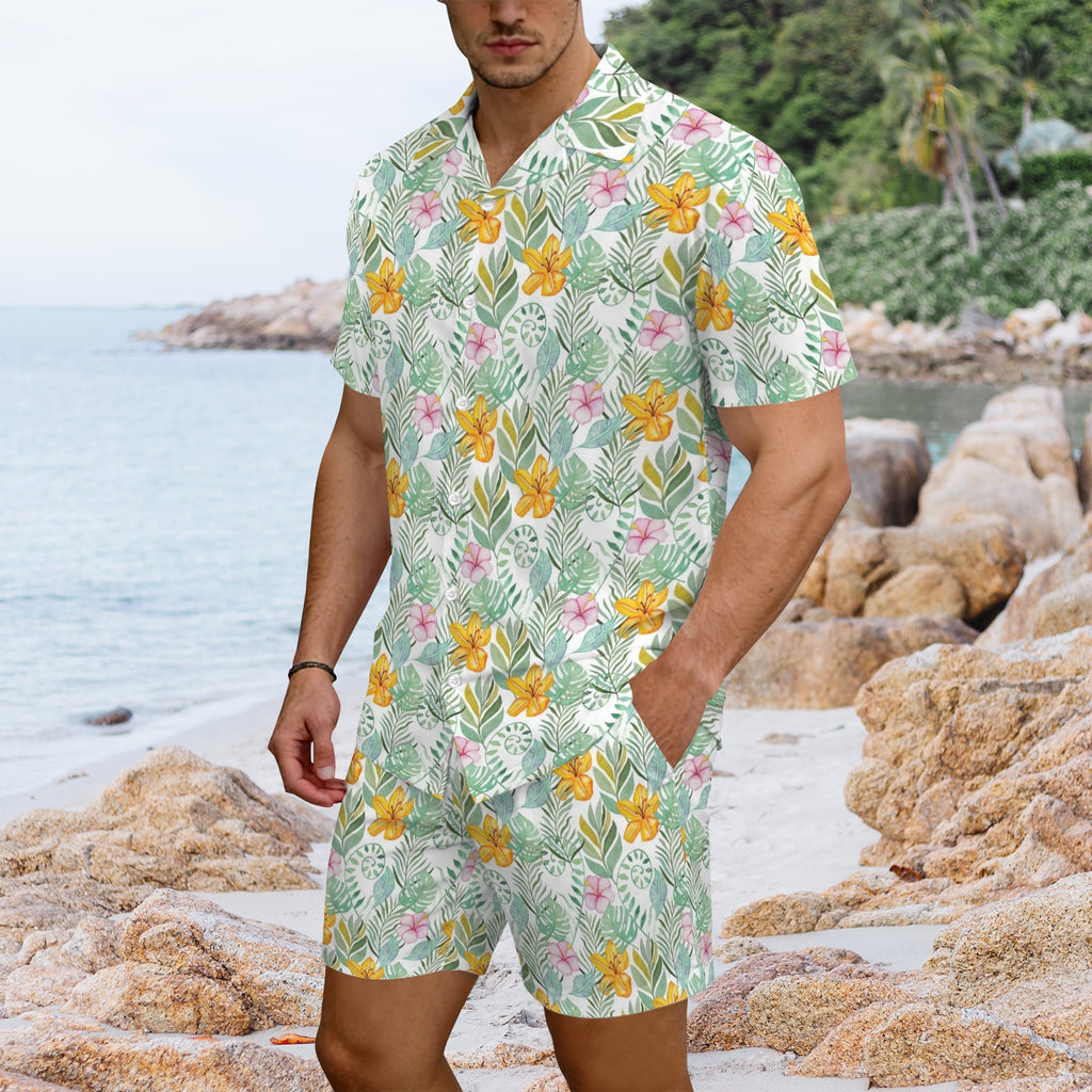 Tropical Flowers And Leaves Men's Hawaiian Shirt & Shorts Set Men's Hawaiian Shirt & Shorts Set Plants Printed Offshore