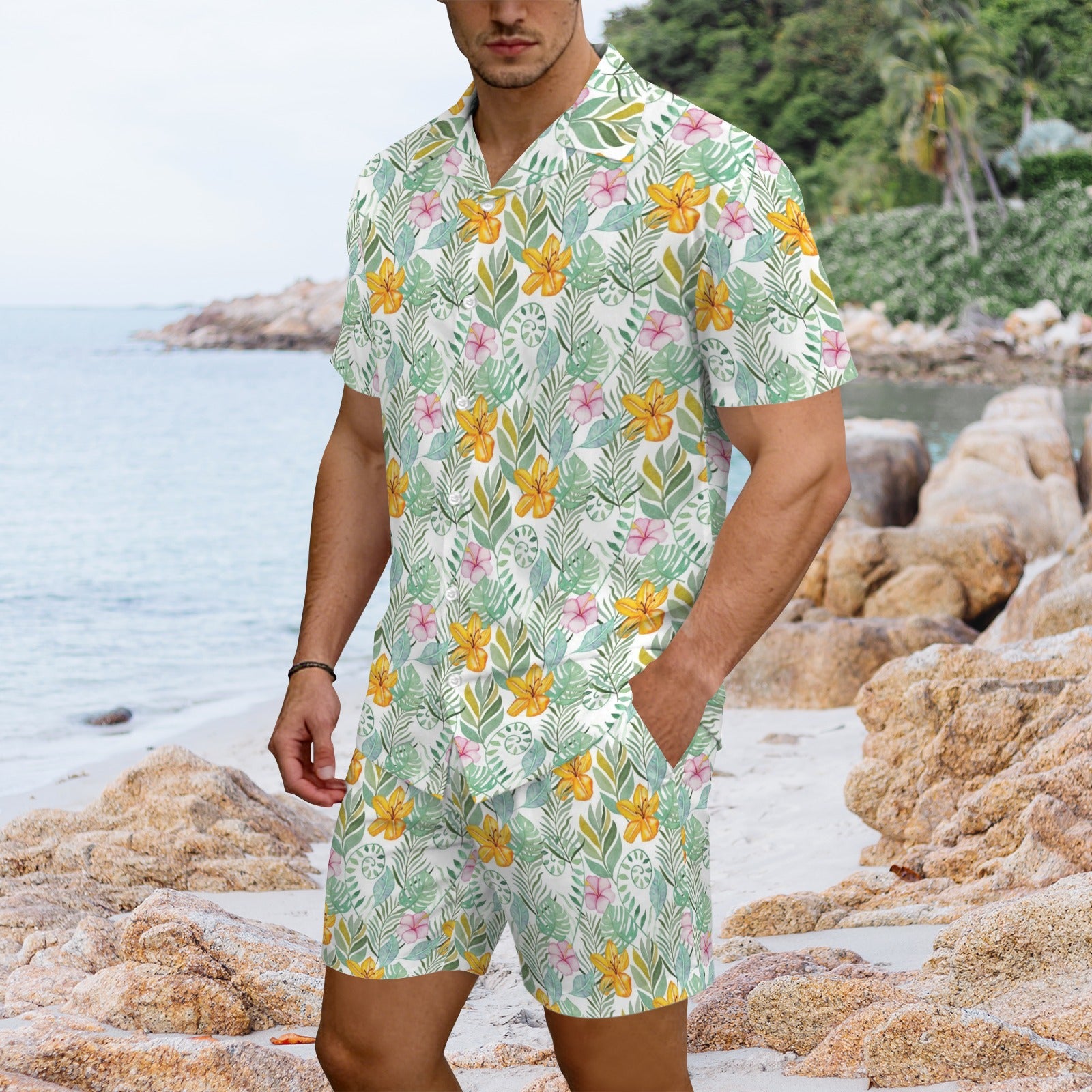 Tropical Flowers And Leaves Men's Hawaiian Shirt & Shorts Set Men's Hawaiian Shirt & Shorts Set Plants Printed Offshore