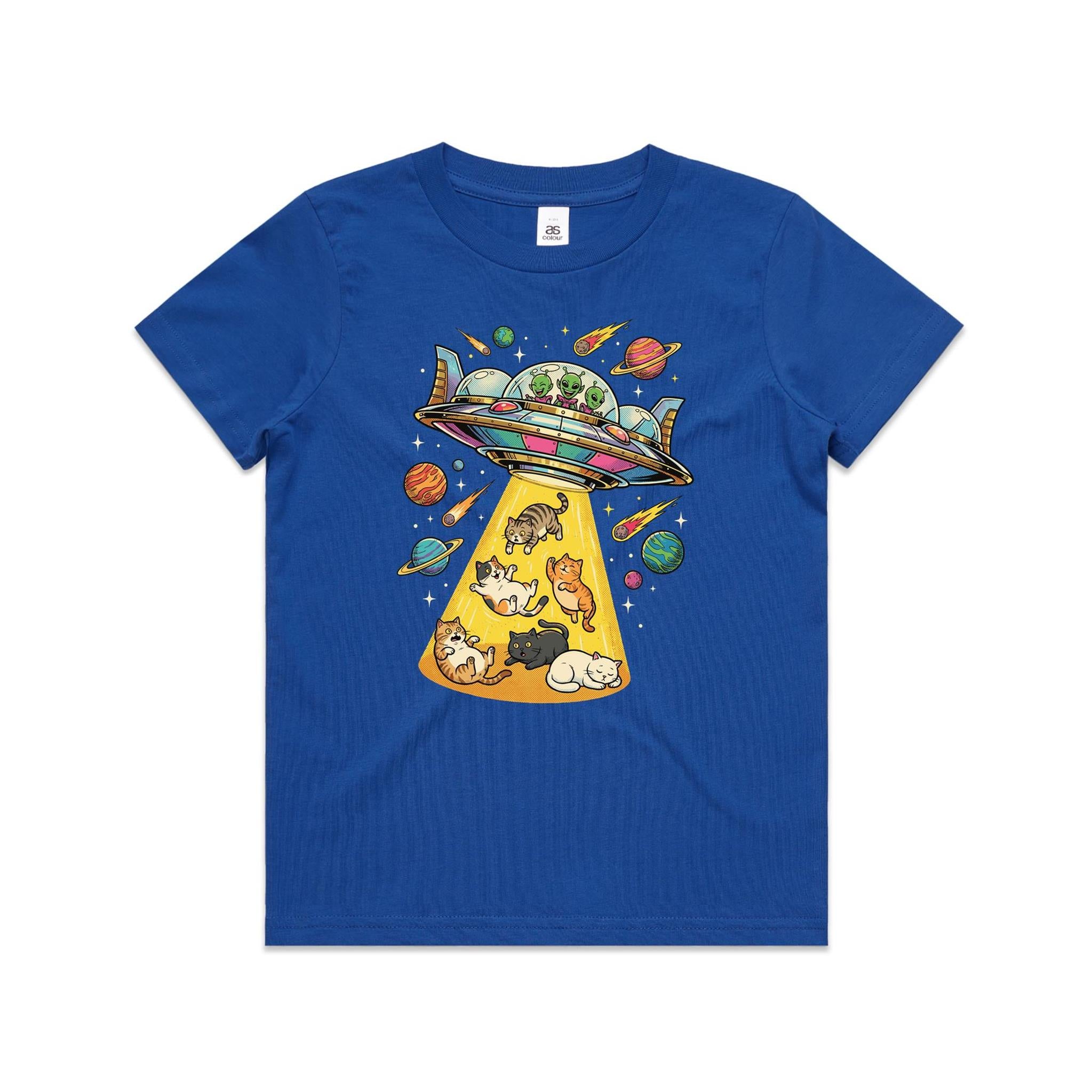 UFO Cat Abduction - Kid's AS Colour T-shirt Bright Royal Kids Youth T-shirt animal Printed In Australia Sci Fi