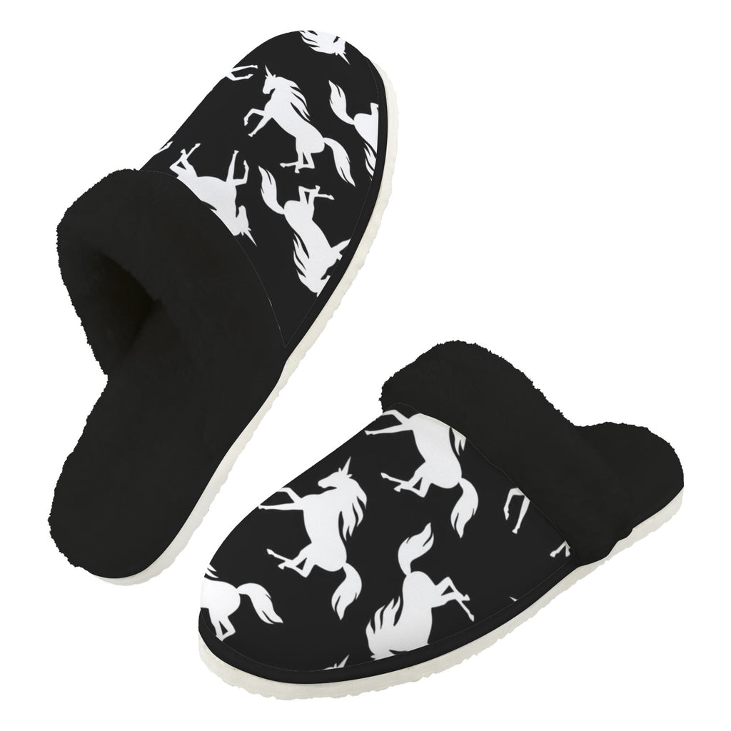 Black And White Unicorn Men's Fur Trim Thick-Sole Indoor Slippers 2XL Men's Fur Trimmed Slippers animal Printed Offshore