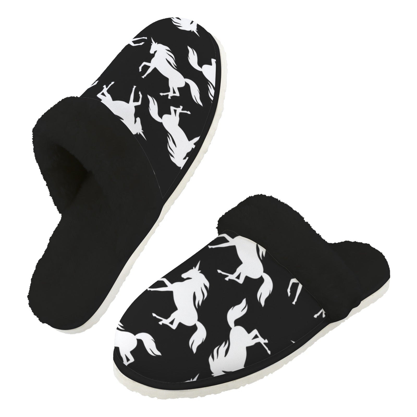 Black And White Unicorn Men's Fur Trim Thick-Sole Indoor Slippers 2XL Men's Fur Trimmed Slippers animal Printed Offshore