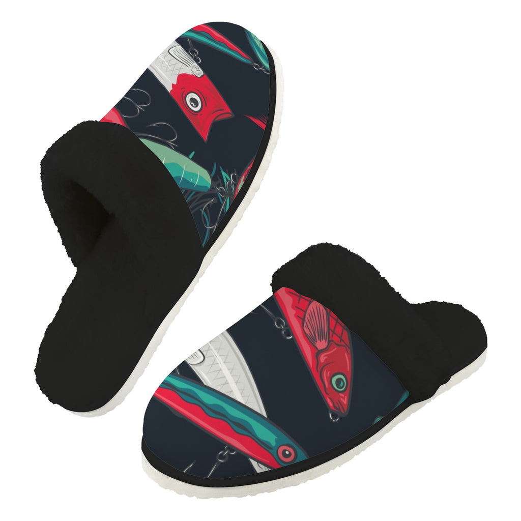 Fishing Lures Men's Fur Trim Thick-Sole Indoor Slippers 2XL Men's Fur Trimmed Slippers animal Ocean Printed Offshore