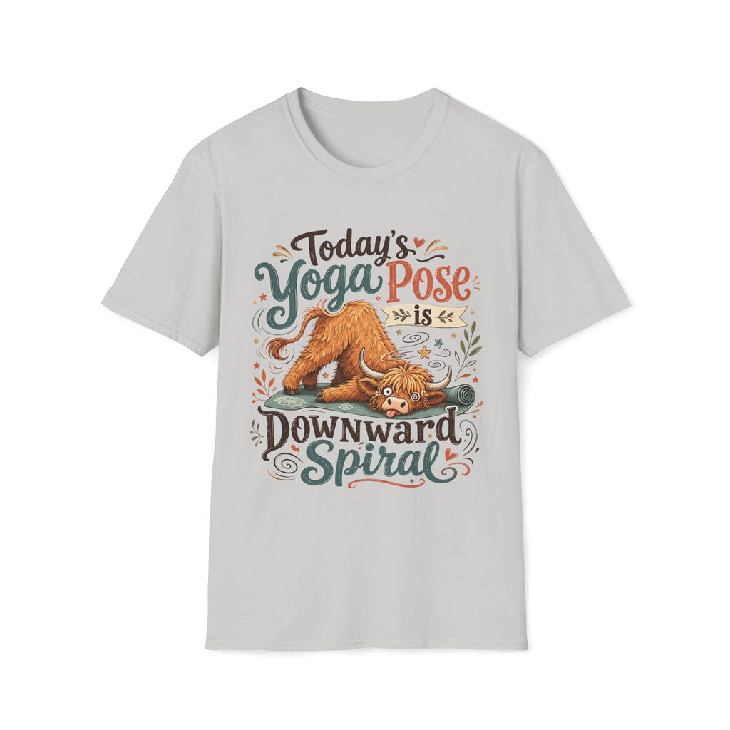 Highland Cow Downward Spiral Yoga Pose Unisex T-Shirt Ice Grey Unisex Adult T-shirt animal Fitness Globally Fulfilled