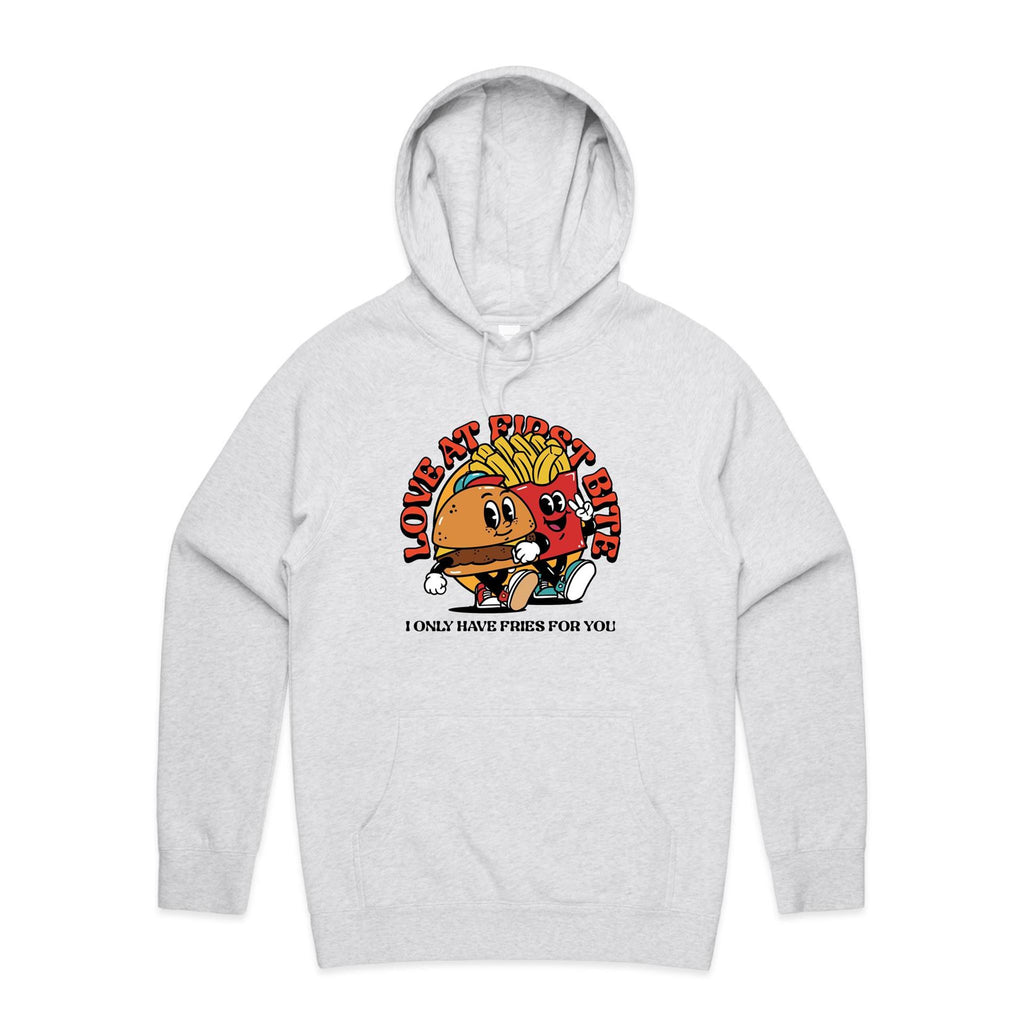 Love At First Bite, Hamburger And Fries - Mens Hoodie White Marle Mens Hoodie Food Printed In Australia