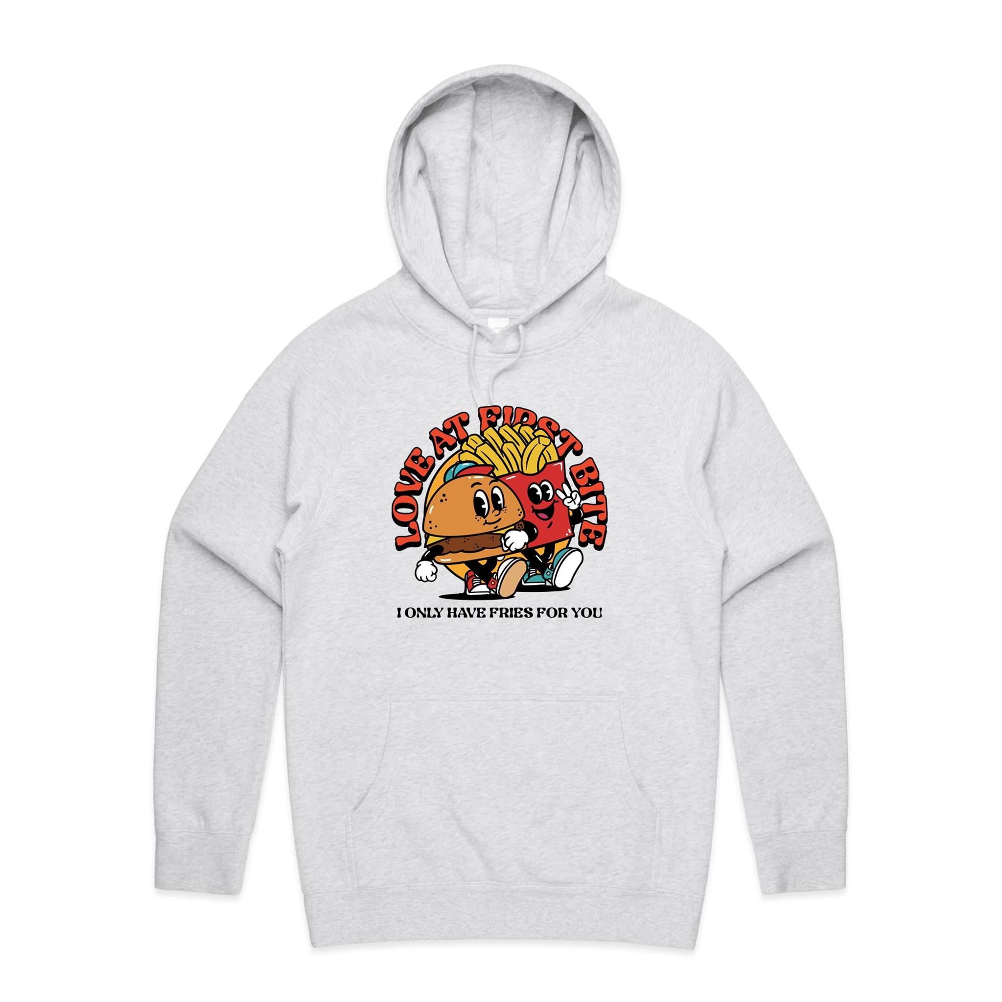 Love At First Bite, Hamburger And Fries - Mens Hoodie White Marle Mens Hoodie Food Printed In Australia