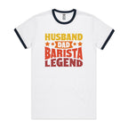 Husband, Dad, Barista, Legend Men's AS Colour Ringer Tee White Navy Ringer T-Shirt Coffee Dad Printed In Australia