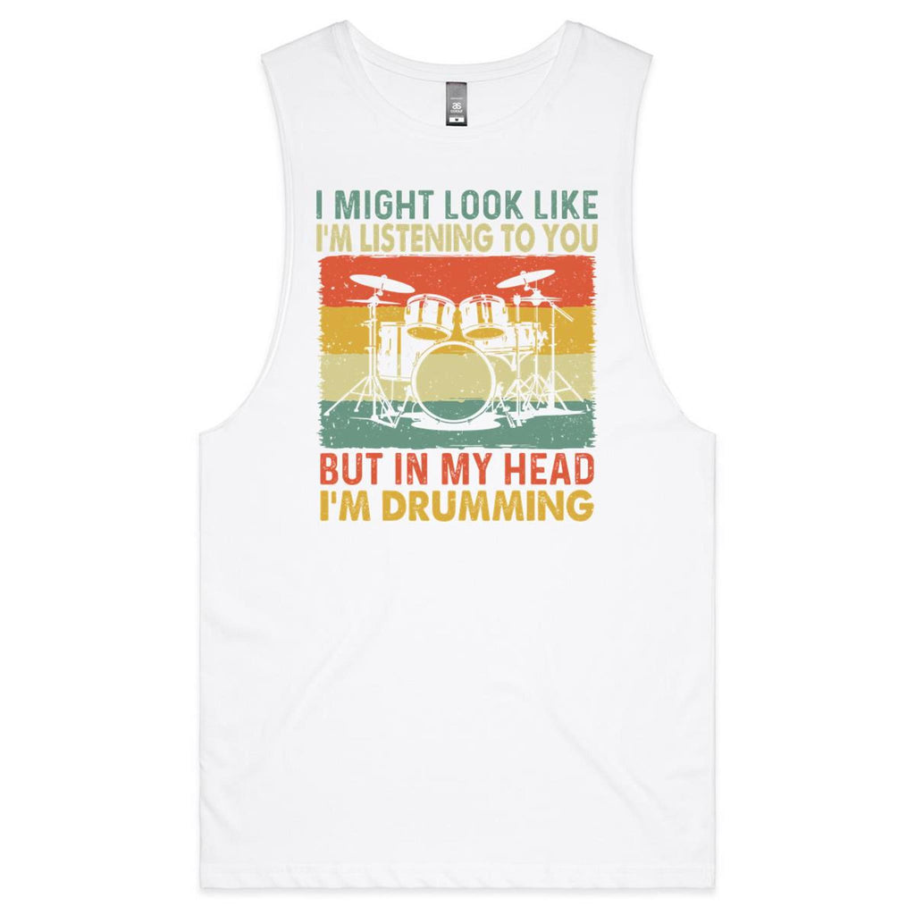 In My Head I'm Drumming Mens Men's AS Colour Drop Arm Tank Top White Drop Arm Tank Top Music Printed In Australia