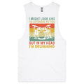In My Head I'm Drumming Mens Men's AS Colour Drop Arm Tank Top White Drop Arm Tank Top Music Printed In Australia