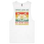 In My Head I'm Drumming Mens Men's AS Colour Drop Arm Tank Top White Drop Arm Tank Top Music Printed In Australia