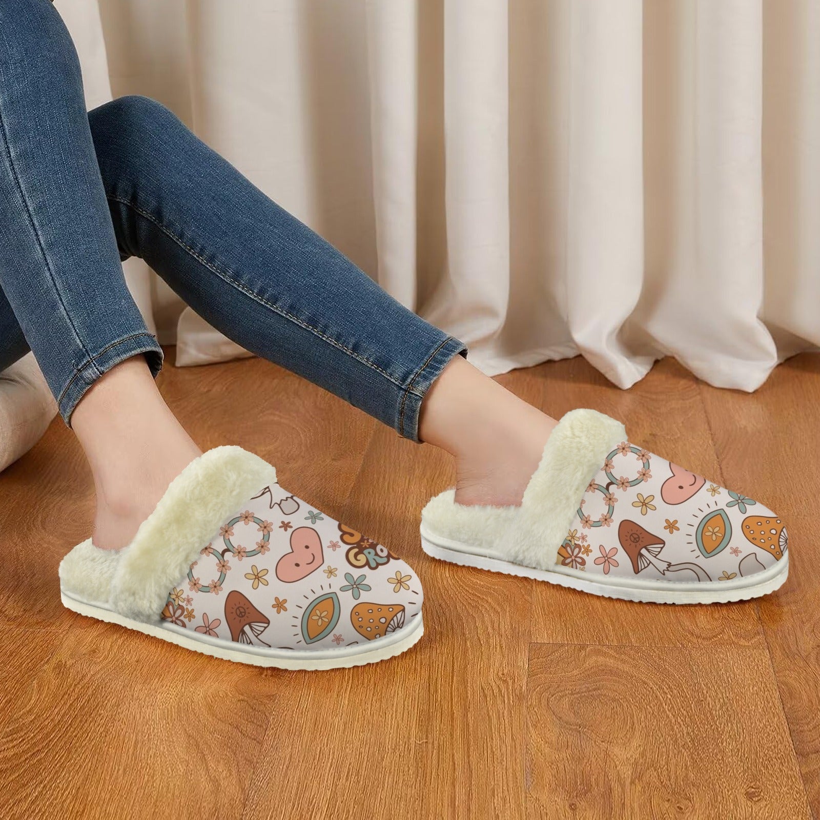 Peace And Love Women's Fur Trim Thick-Sole Indoor Slippers Women's Fur Trimmed Slippers Printed Offshore Retro