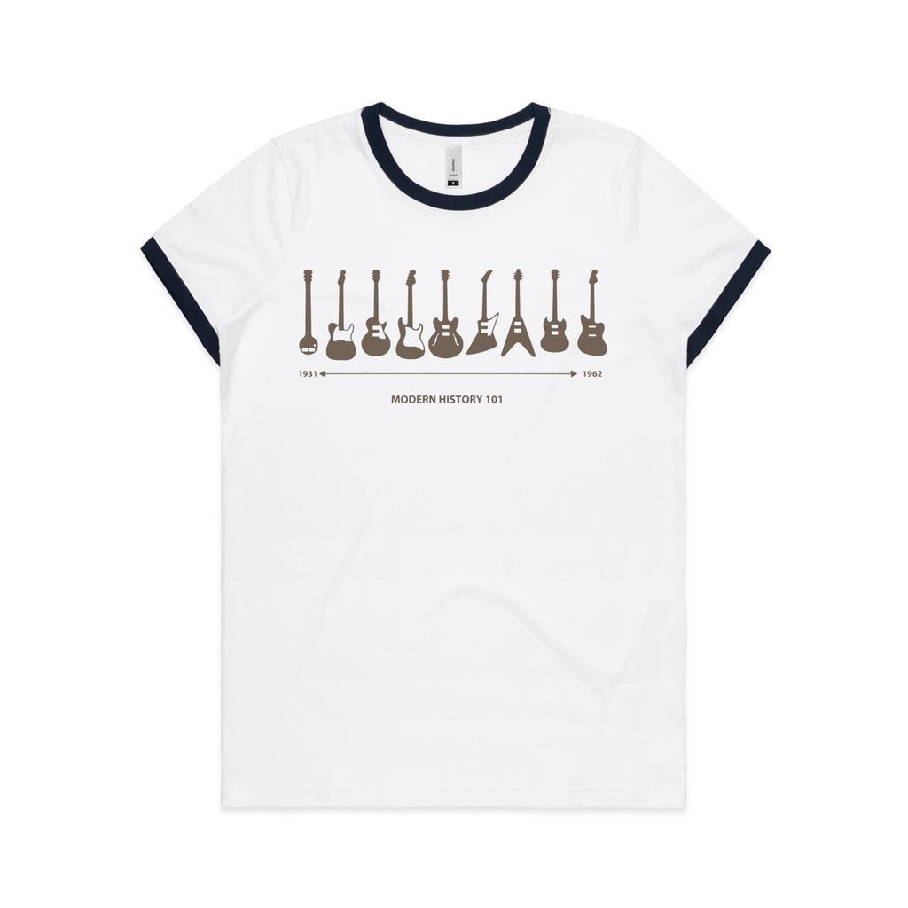 Guitar Timeline - Women's Ringer Tee White Navy Womens Ringer T-shirt Music Printed In Australia