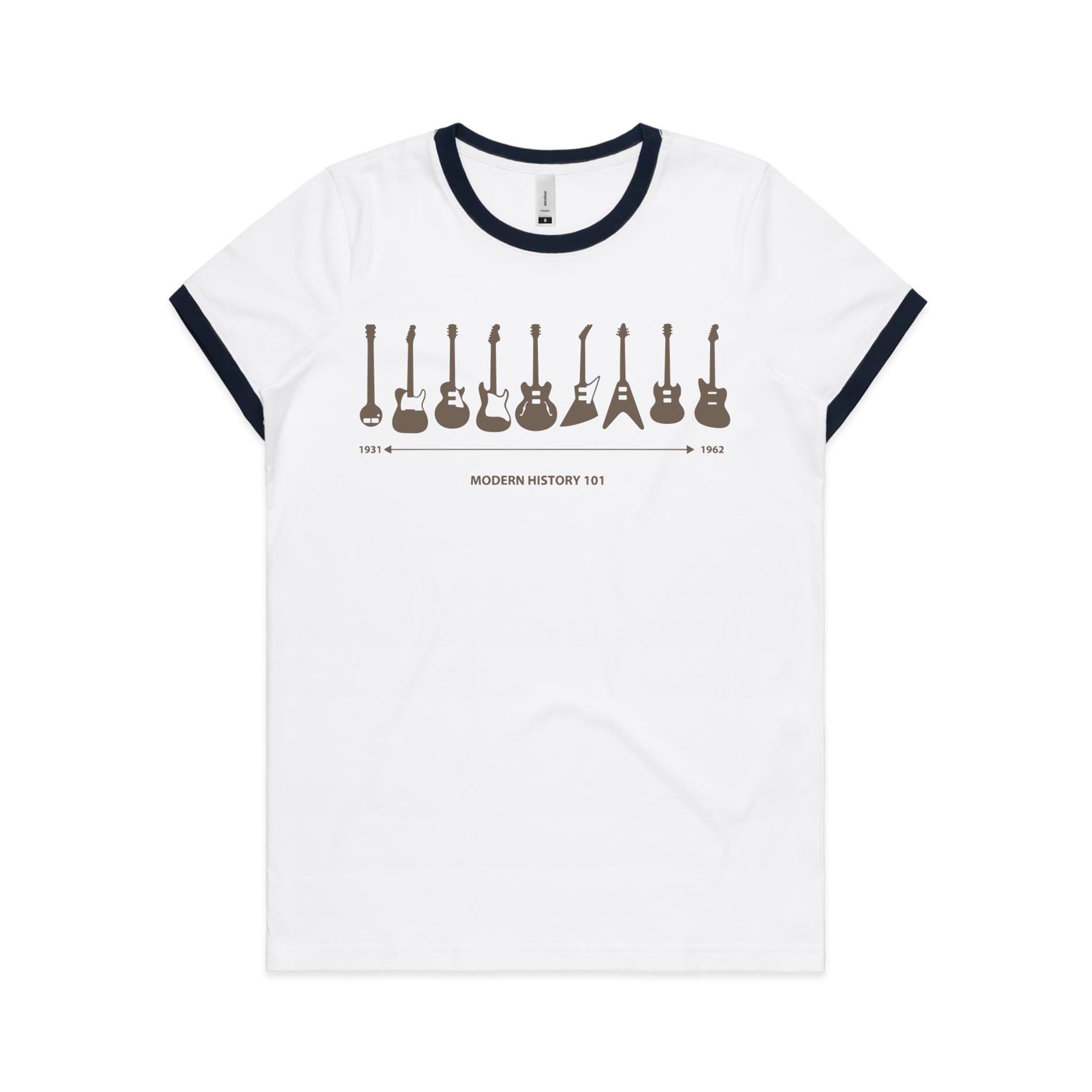 Guitar Timeline - Women's Ringer Tee White Navy Womens Ringer T-shirt Music Printed In Australia