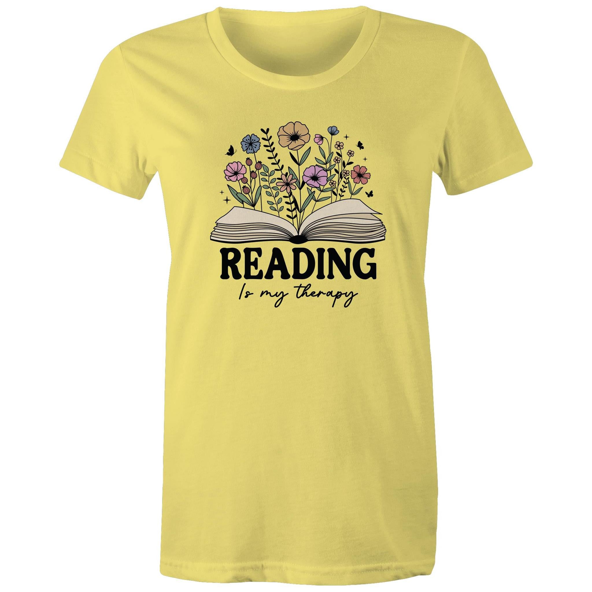 Reading Is My Therapy - Womens T-shirt Yellow Womens T-shirt Printed In Australia Reading