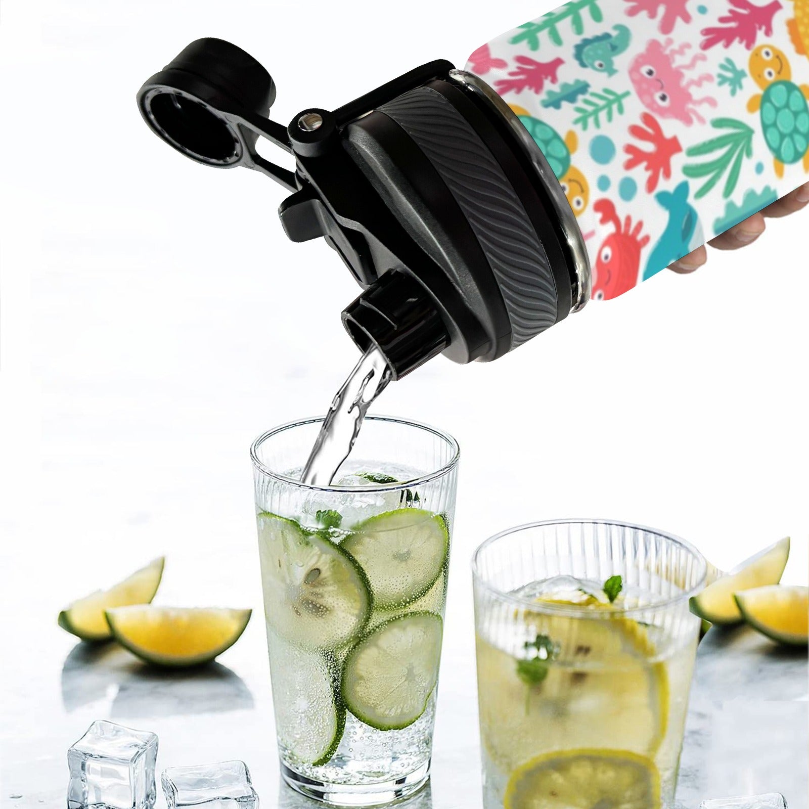 Cartoon Sea Creatures - Insulated Water Bottle with Dual-Use Lid (18oz) Insulated Water Bottle with Dual-Use Lid (18oz) animal Ocean Printed Offshore