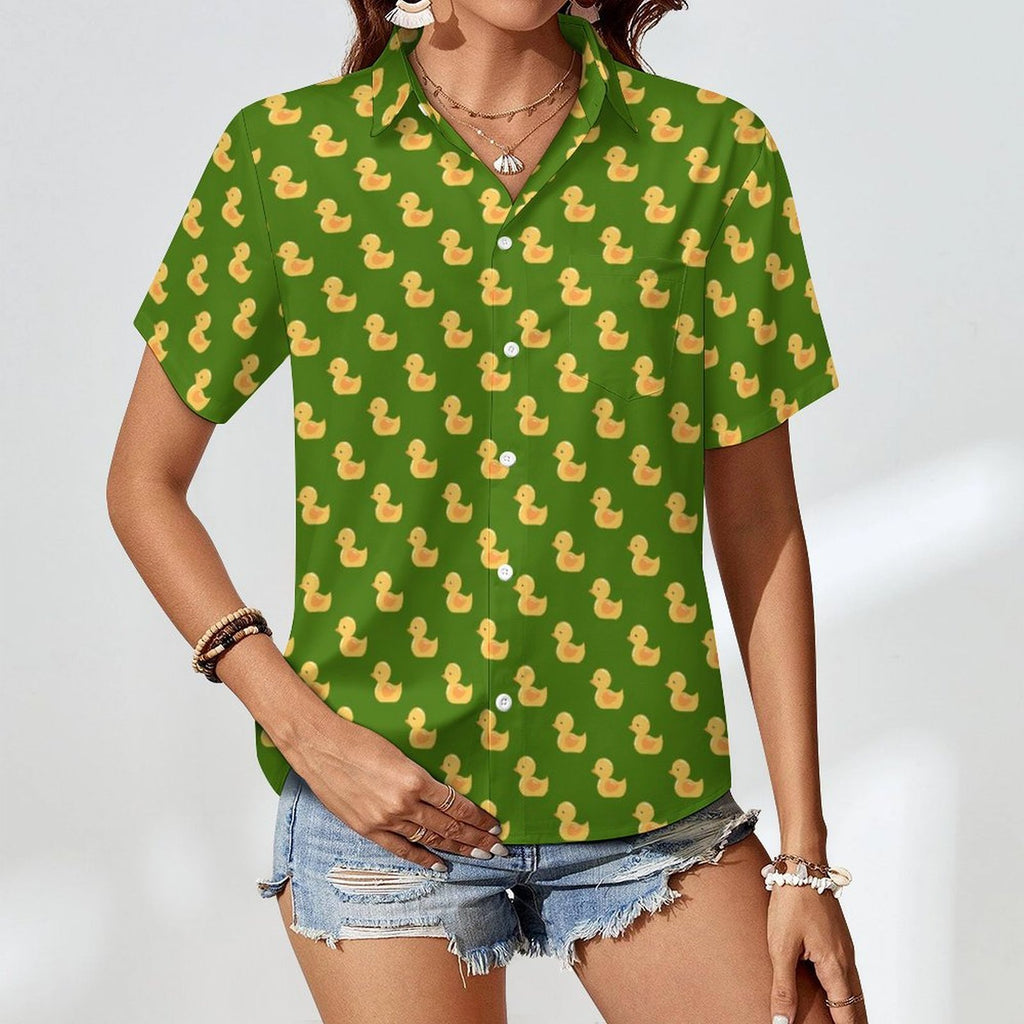 Yellow Rubber Ducks On Green Women's Short-Sleeve Button Up Shirt