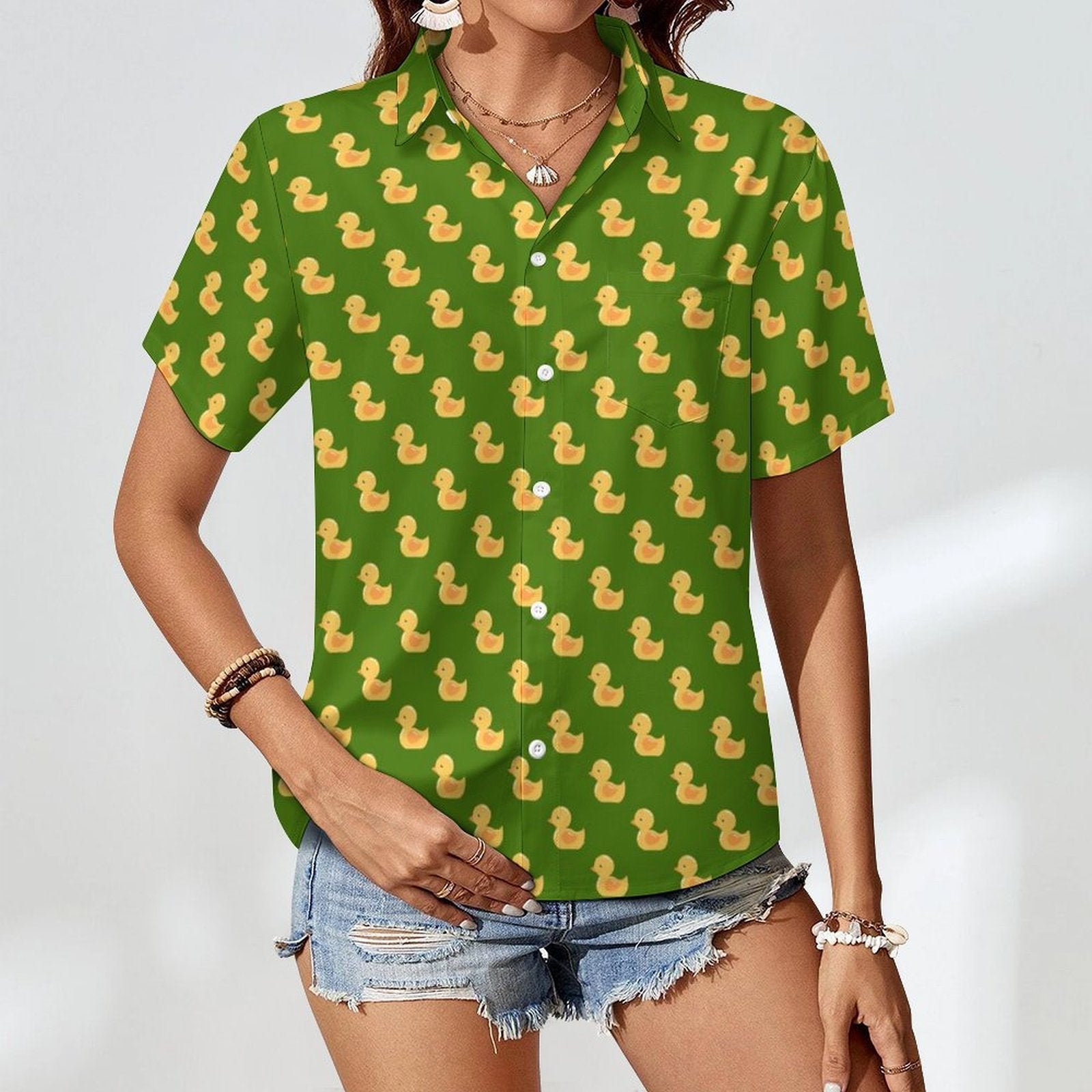 Yellow Rubber Ducks On Green Women's Short-Sleeve Button Up Shirt