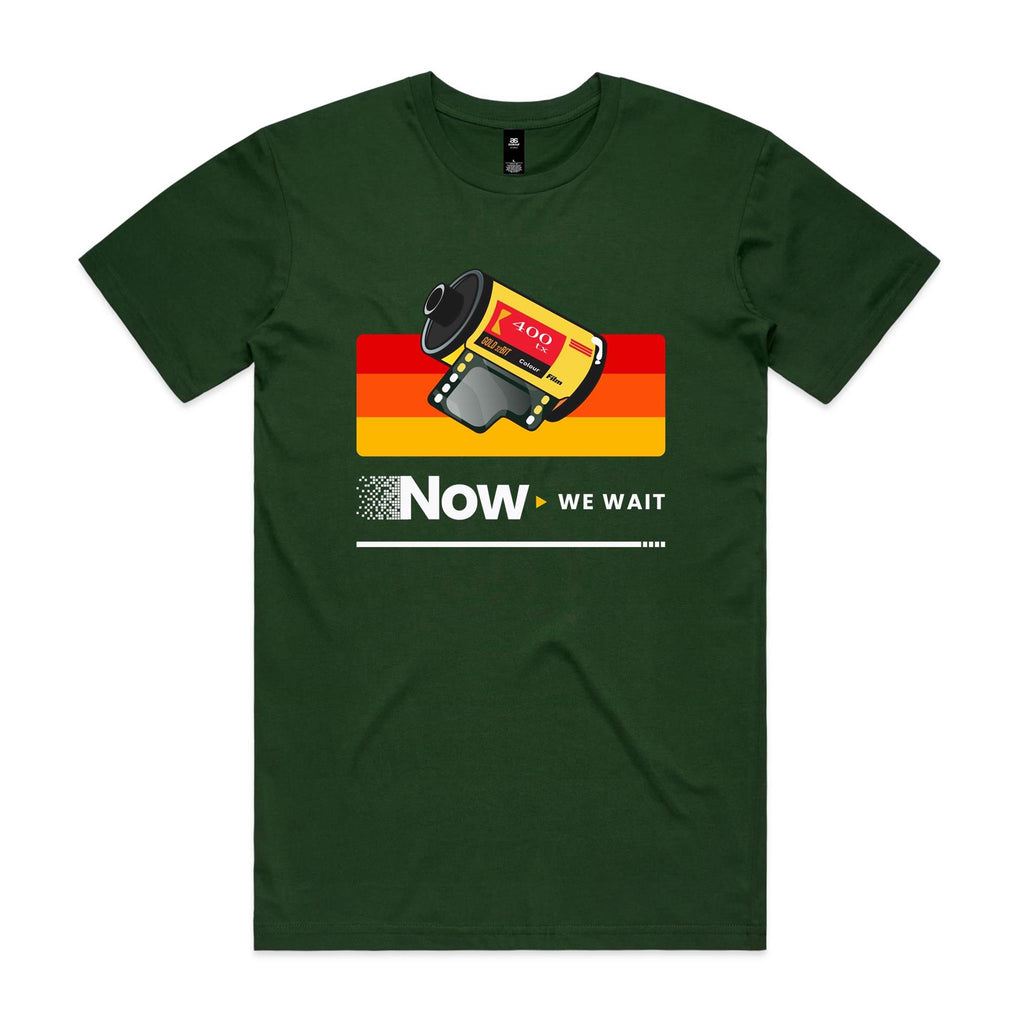 Camera Film, Now We Wait Men's AS Colour T-shirt Forest Green Mens T-shirt Printed In Australia Retro