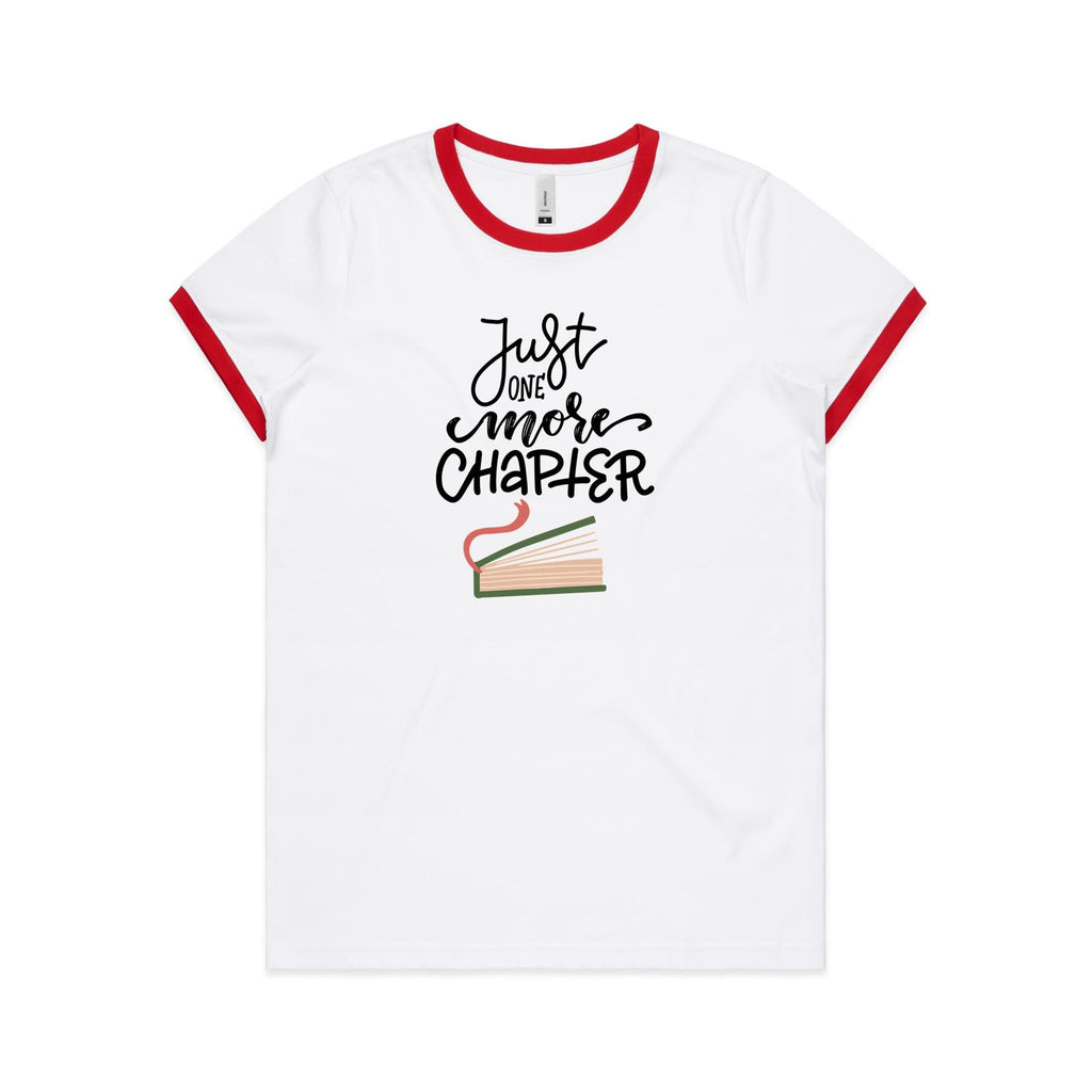 Just One More Chapter, Books - Women's Ringer Tee White Red Womens Ringer T-shirt Printed In Australia Reading