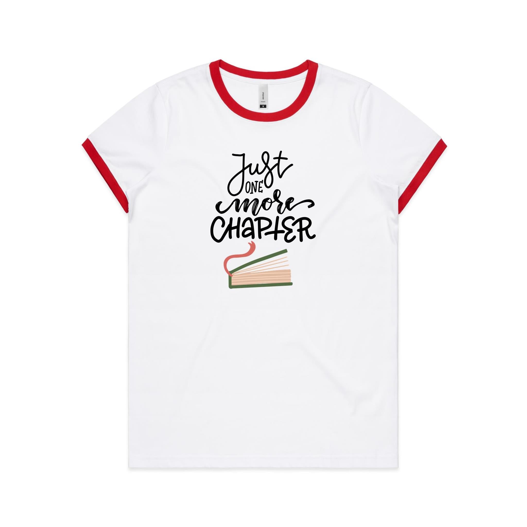 Just One More Chapter, Books - Women's Ringer Tee White Red Womens Ringer T-shirt Printed In Australia Reading
