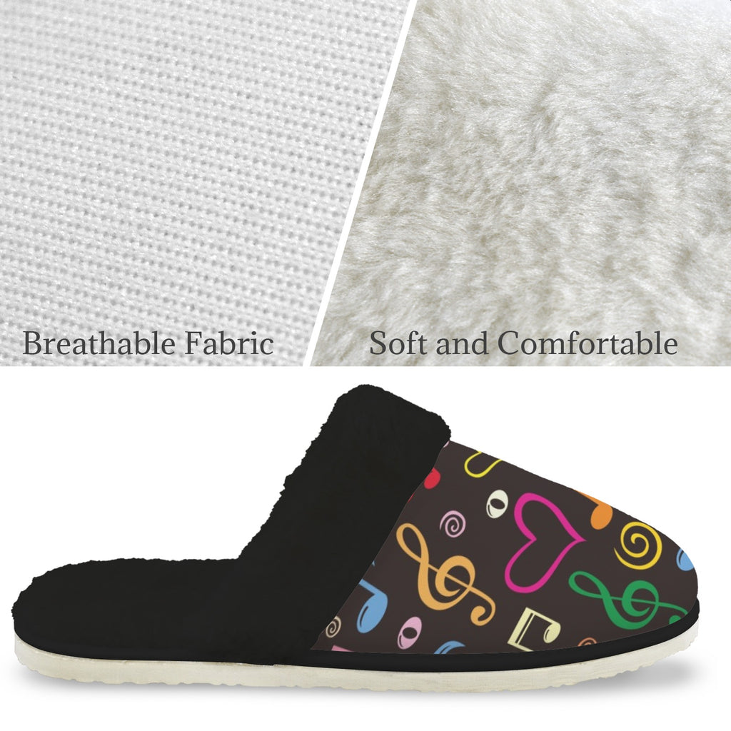 Music Love Women's Fur Trim Thick-Sole Indoor Slippers Women's Fur Trimmed Slippers Music Printed Offshore