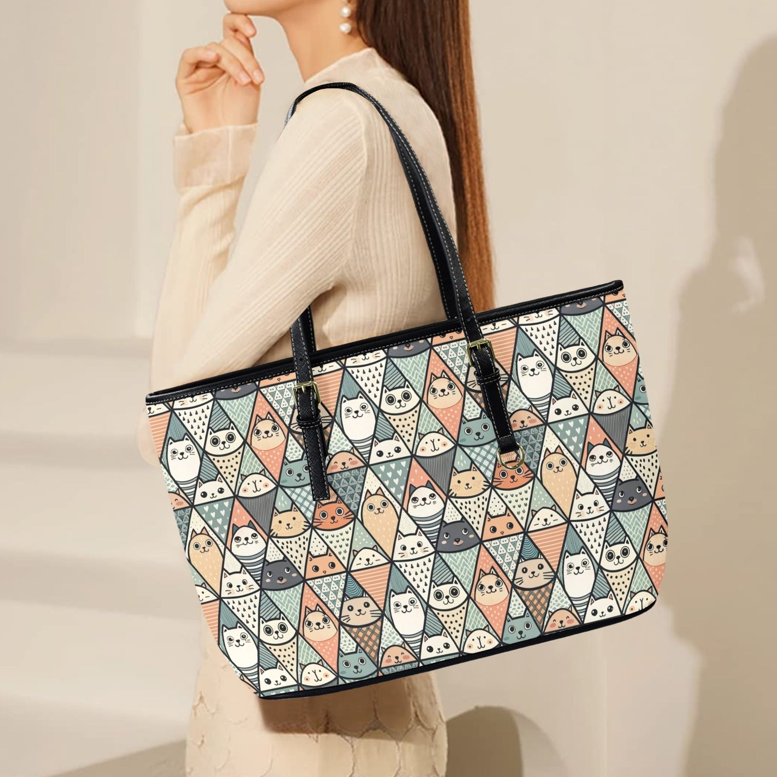 Diamond Cat Pattern - Leather Tote Bag-Large
