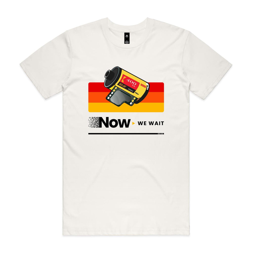 Camera Film, Now We Wait Men's AS Colour T-shirt Natural Mens T-shirt Printed In Australia Retro