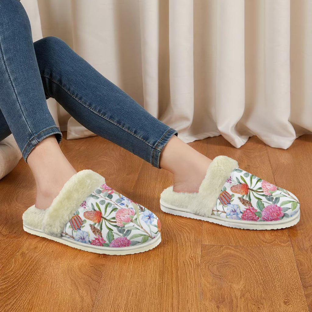Australian Flowers Women's Fur Trim Thick-Sole Indoor Slippers Women's Fur Trimmed Slippers Plants Printed Offshore