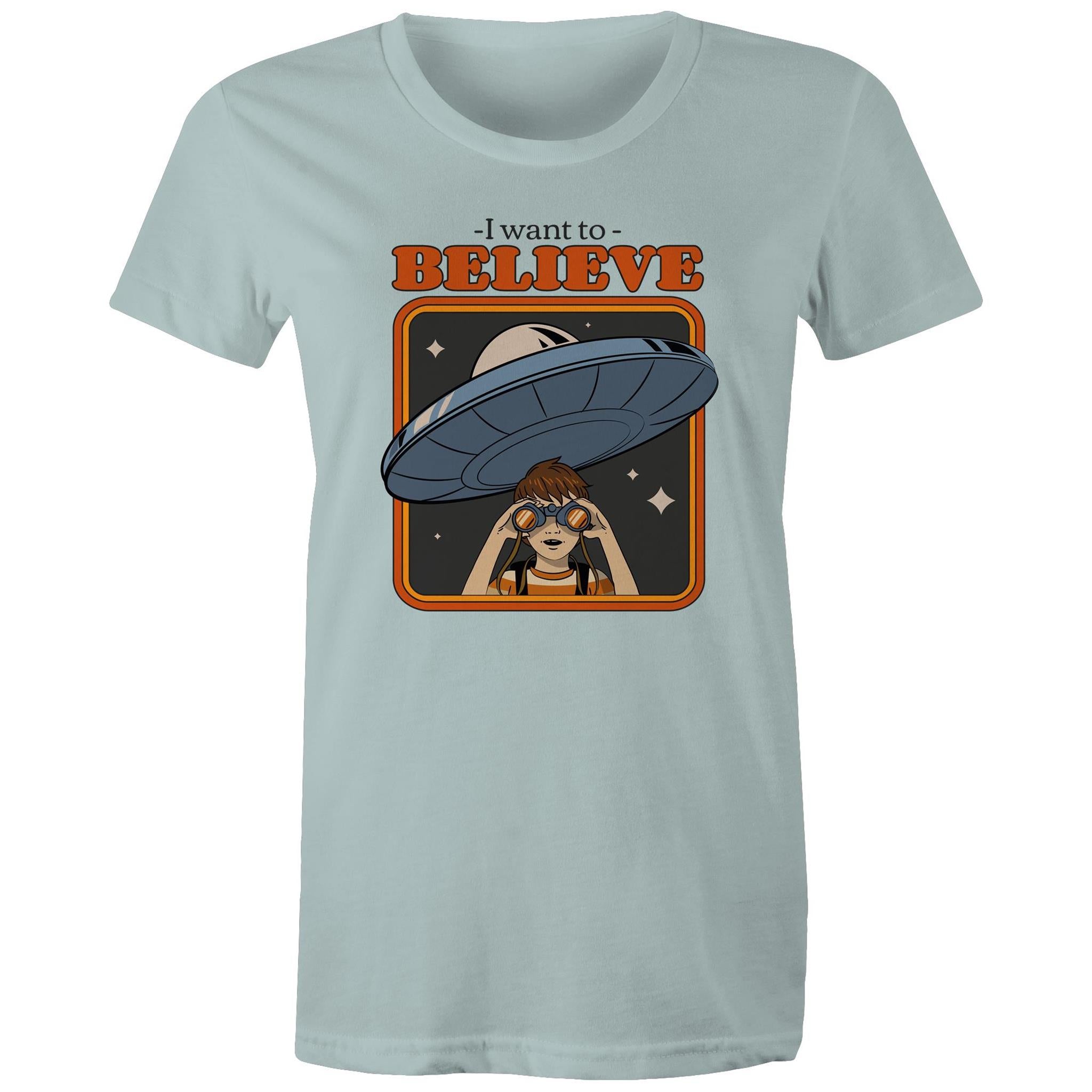 I Want To Believe, UFO - Womens T-shirt Pale Blue Womens T-shirt Printed In Australia Sci Fi