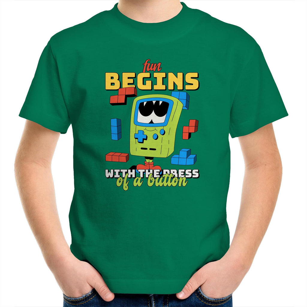 Fun Begins With The Press Of A Button, Video Game - Kids Youth T-Shirt Kelly Green Kids Youth T-shirt Games Printed In Australia