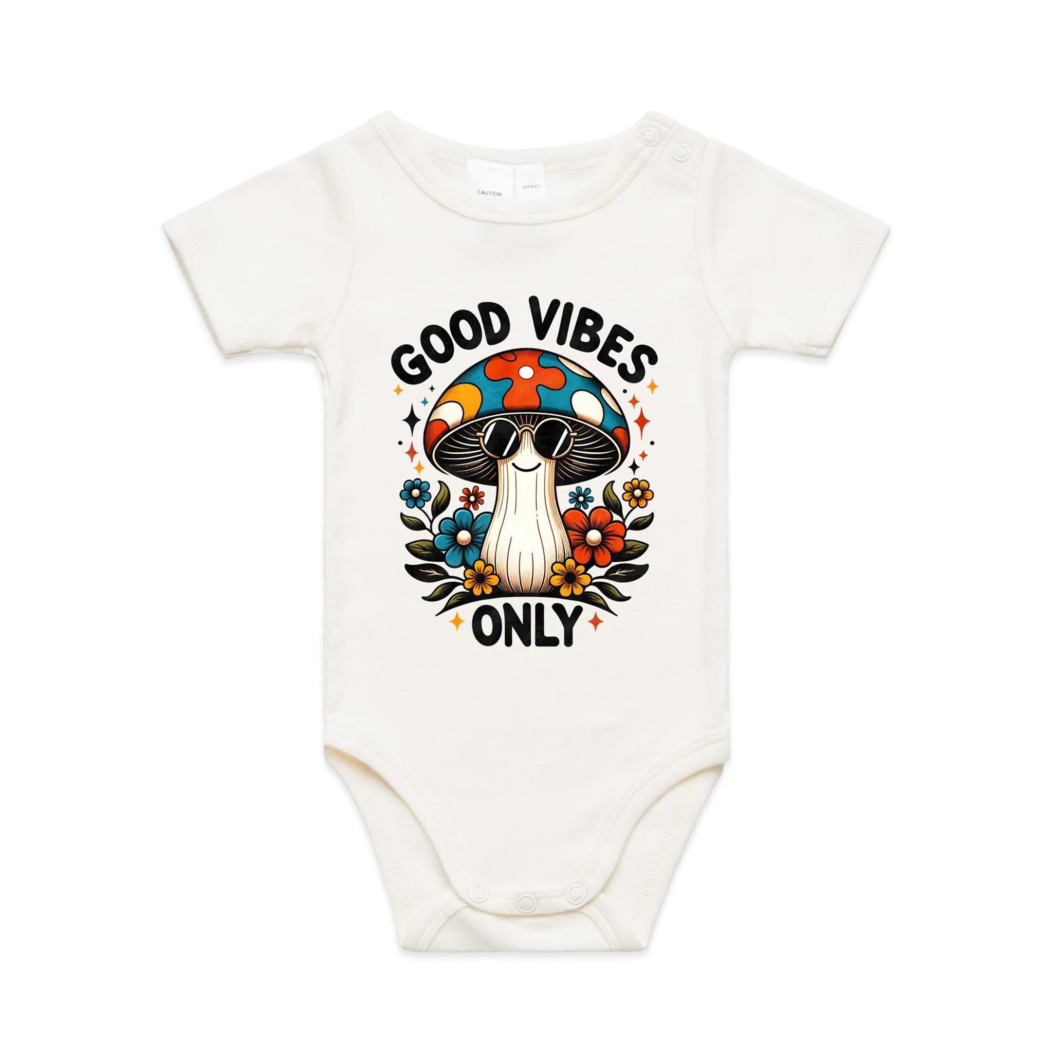 Good Vibes Only, Hippie Mushroom With Sunglasses - Baby Bodysuit