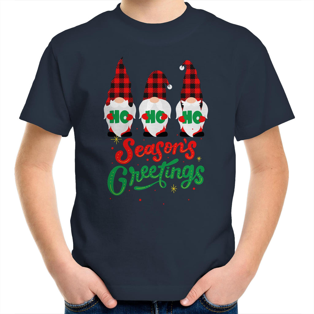 Christmas Gnomes Seasons Greetings - Kids Youth T-Shirt Navy Kids Christmas T-shirt Christmas Printed In Australia