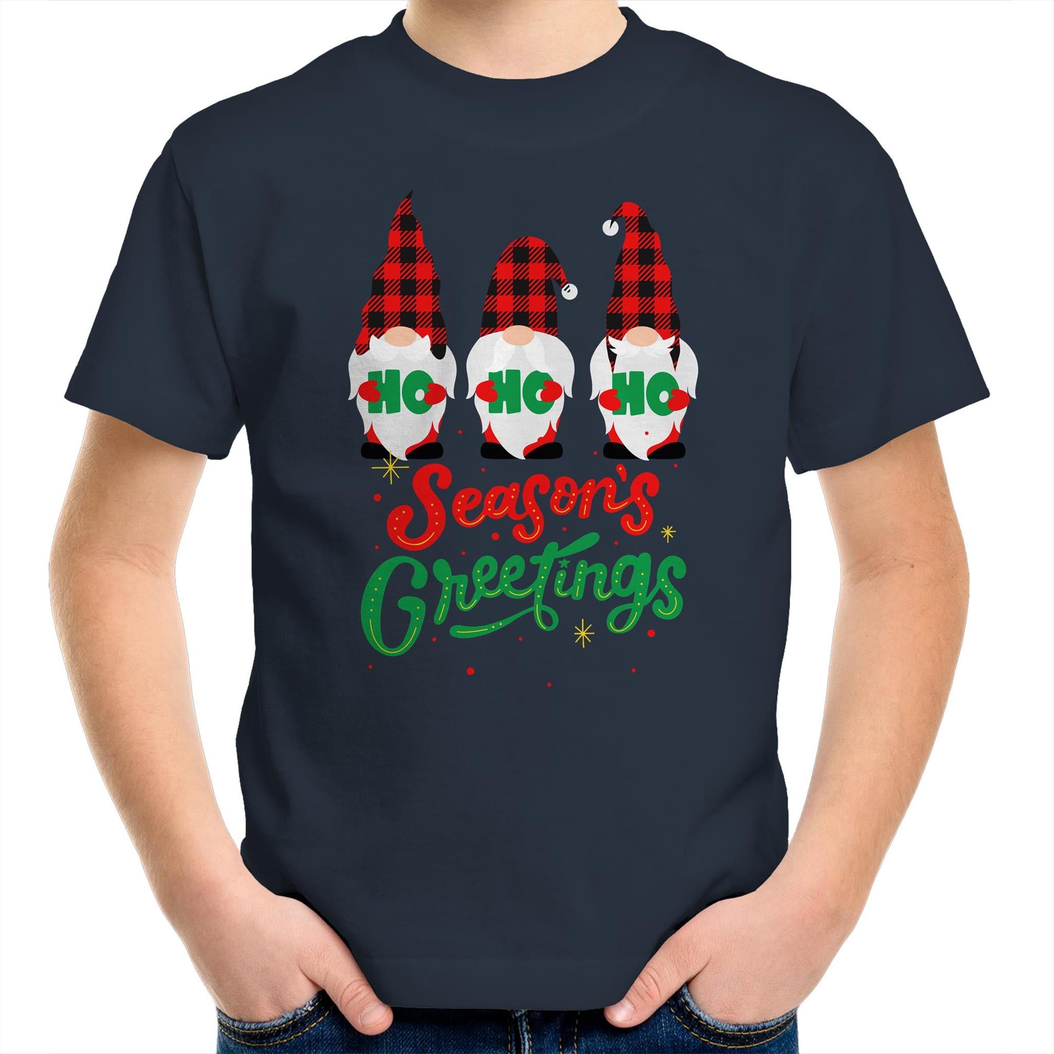 Christmas Gnomes Seasons Greetings - Kids Youth T-Shirt Navy Kids Christmas T-shirt Christmas Printed In Australia