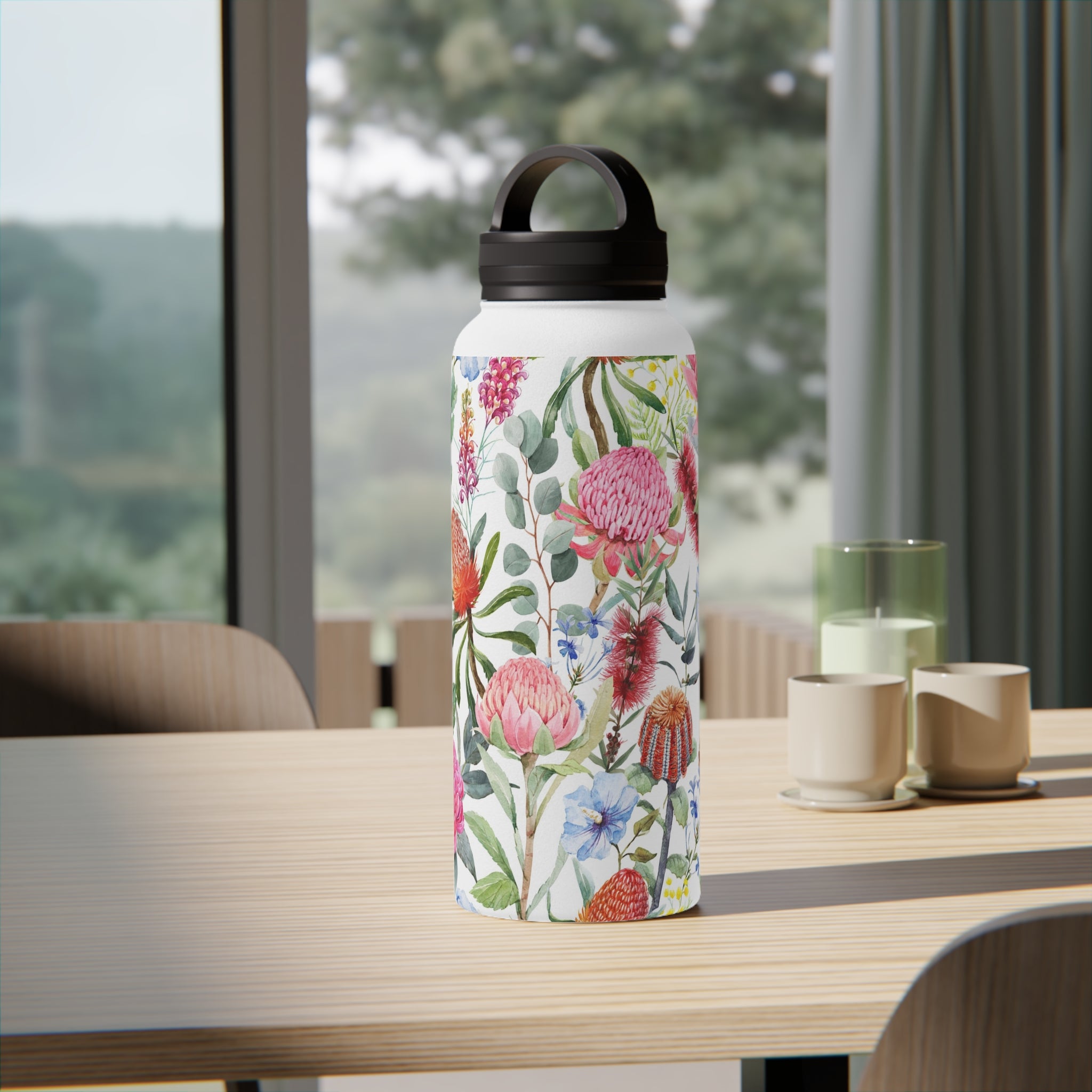 Australian Native Flowers - Stainless Steel Water Bottle, Handle Lid Stainless Steel Water Bottle With Handle Lid Globally Fulfilled Plants