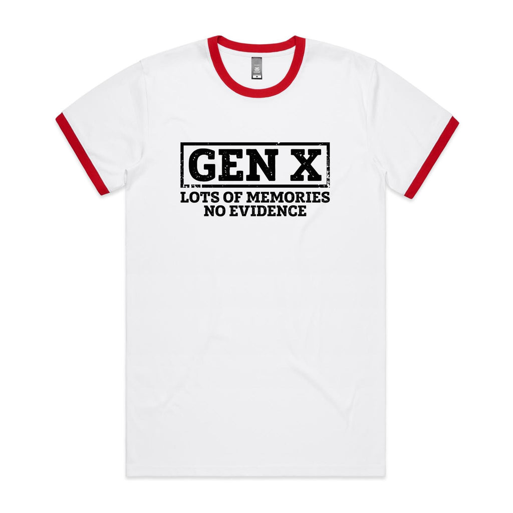 Gen X, Lots Of Memories, No Evidence Men's AS Colour Ringer Tee White Red Ringer T-Shirt Printed In Australia