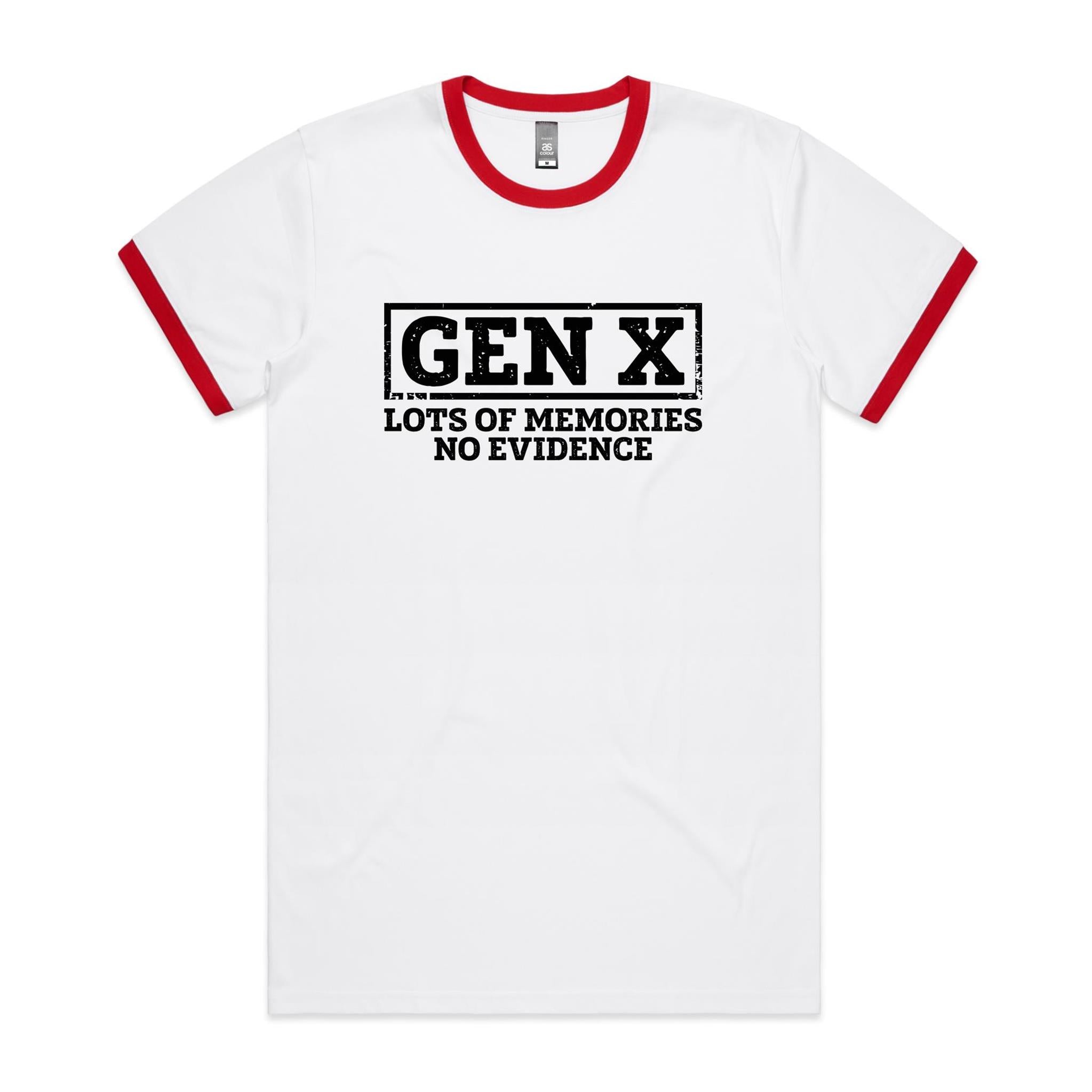 Gen X, Lots Of Memories, No Evidence - Staple Ringer Tee White Red Ringer T-Shirt Printed In Australia
