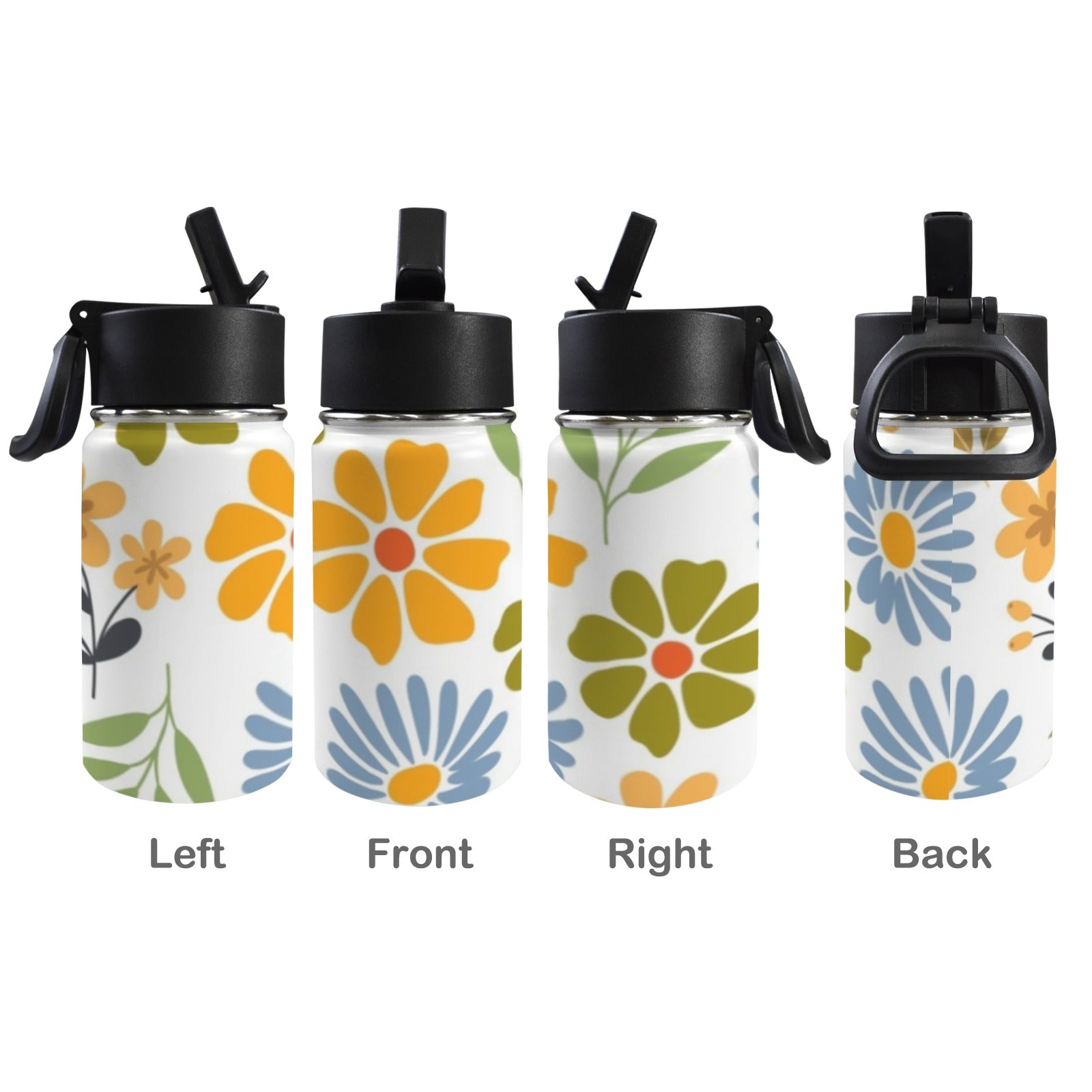 Vintage Boho Flowers 12oz Kids Water Bottle with Straw Lid