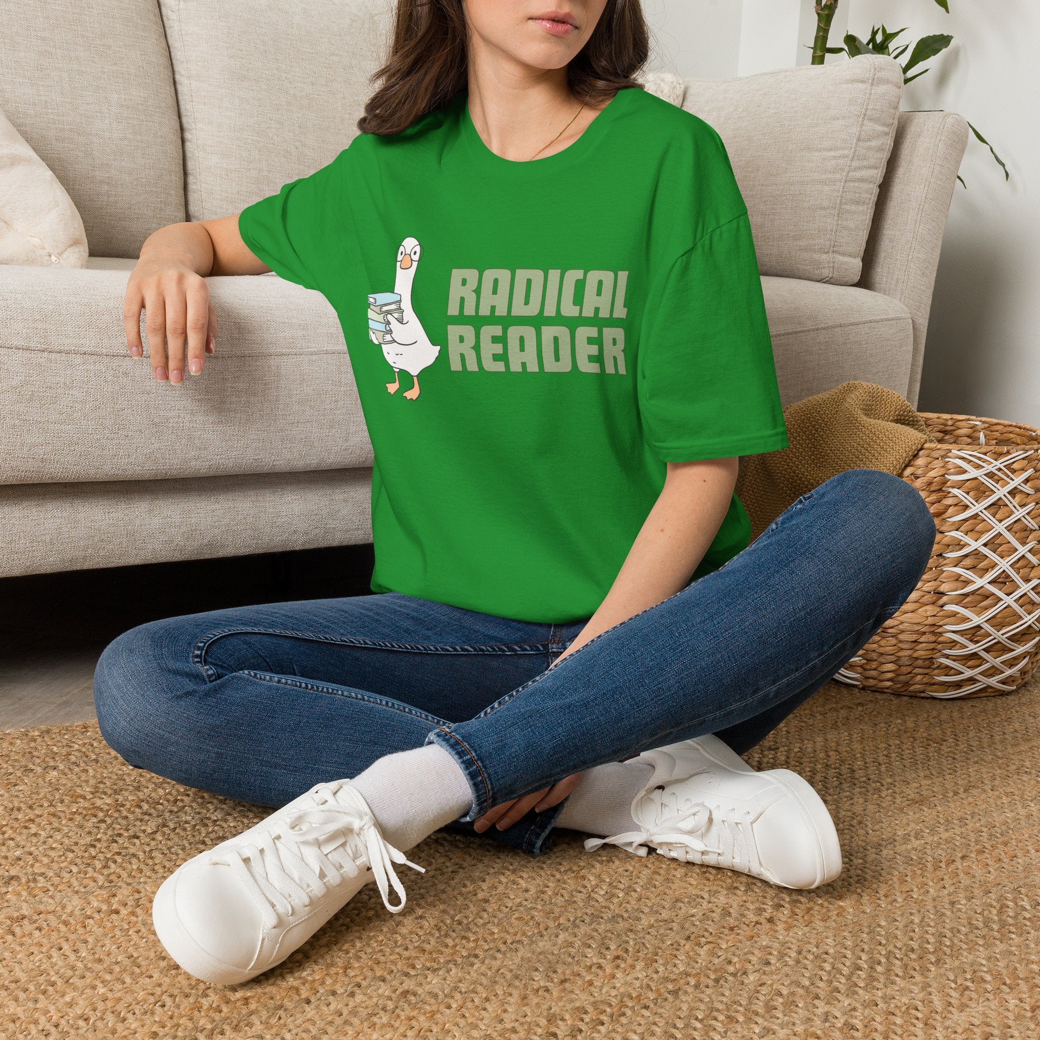 Radical Reader Goose Unisex T-shirt Irish Green Unisex Adult T-shirt animal Globally Fulfilled Reading