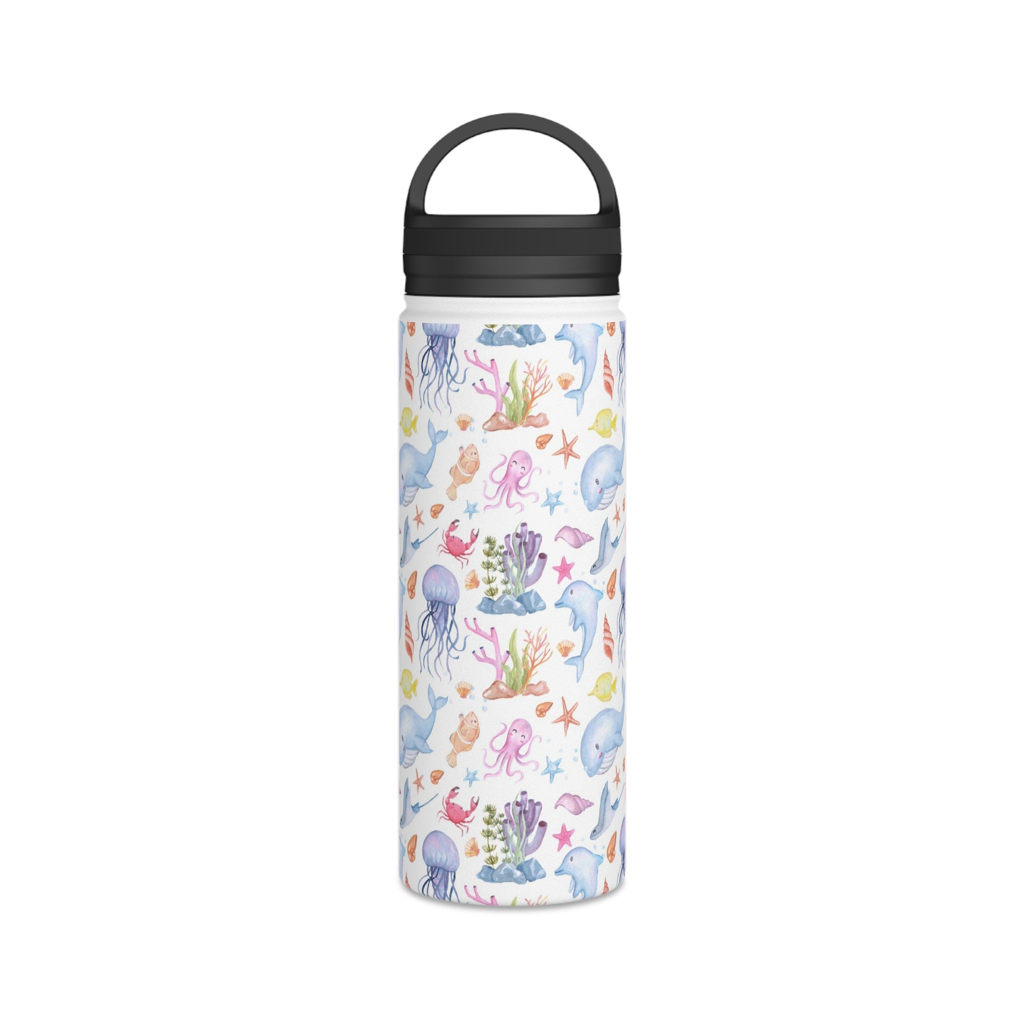Under The Sea, Ocean Animals - Stainless Steel Water Bottle, Handle Lid White 18oz Stainless Steel Water Bottle With Handle Lid Globally Fulfilled Ocean