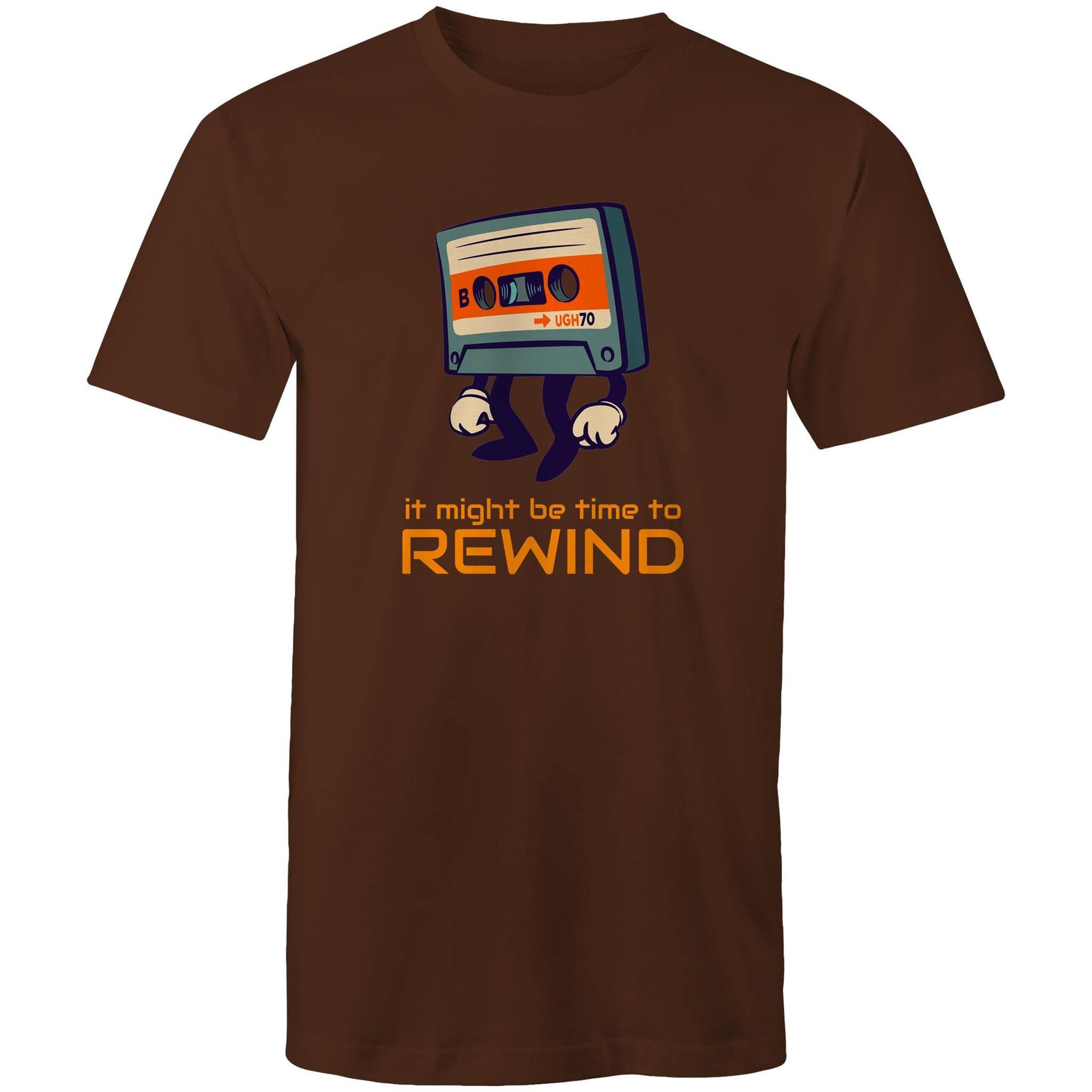 Cassette Tape, It Might Be Time To Rewind - Mens T-Shirt Dark Chocolate Mens T-shirt Music Printed In Australia Retro