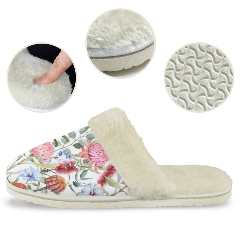 Australian Flowers Women's Fur Trim Thick-Sole Indoor Slippers Women's Fur Trimmed Slippers Plants Printed Offshore