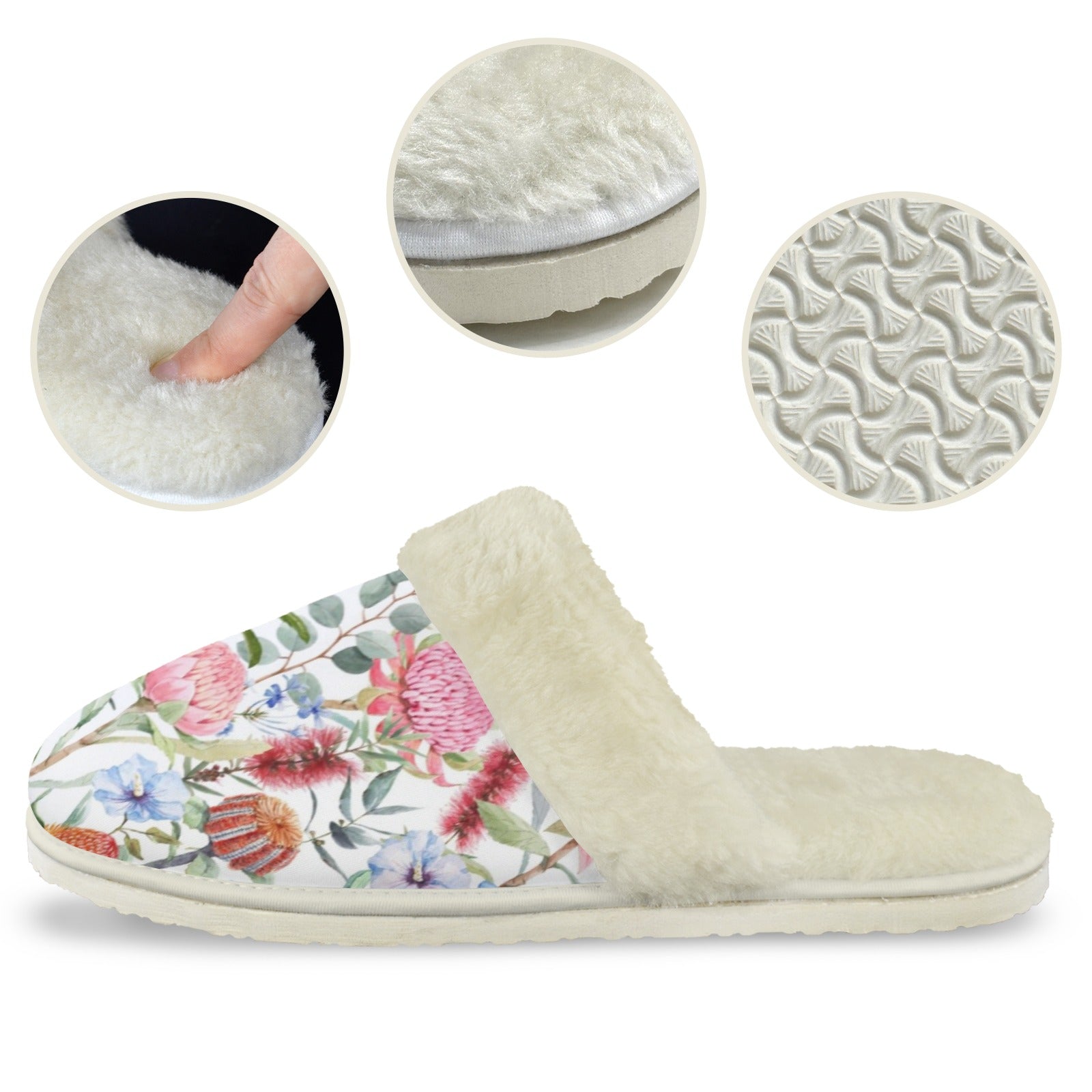 Australian Flowers Women's Fur Trim Thick-Sole Indoor Slippers Women's Fur Trimmed Slippers Plants Printed Offshore